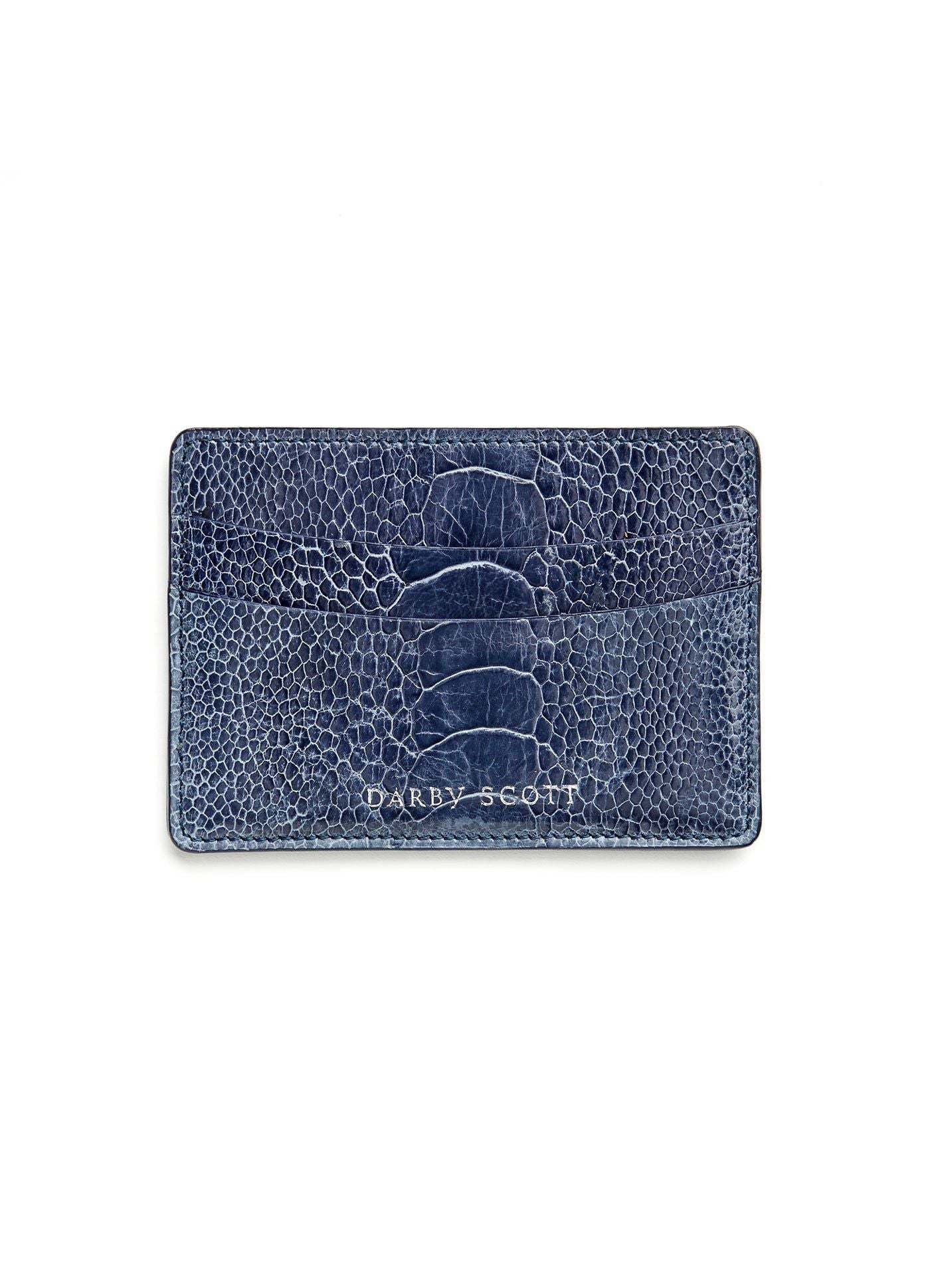 Back View Denim Blue Ostrich Leg Credit Card Case - Darby Scott