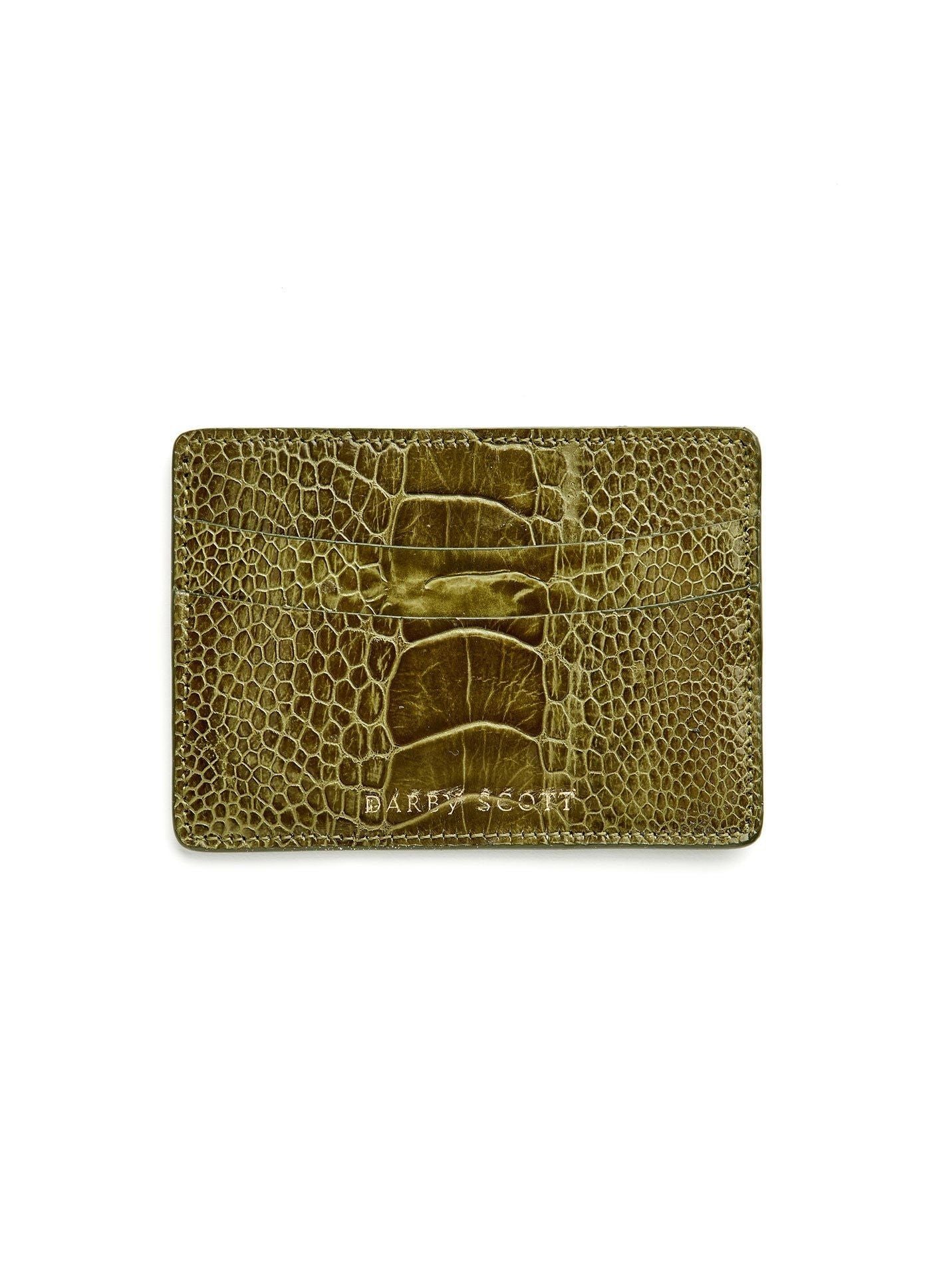 Back view of Olive Ostrich Leg Credit Card Case - Darby Scott