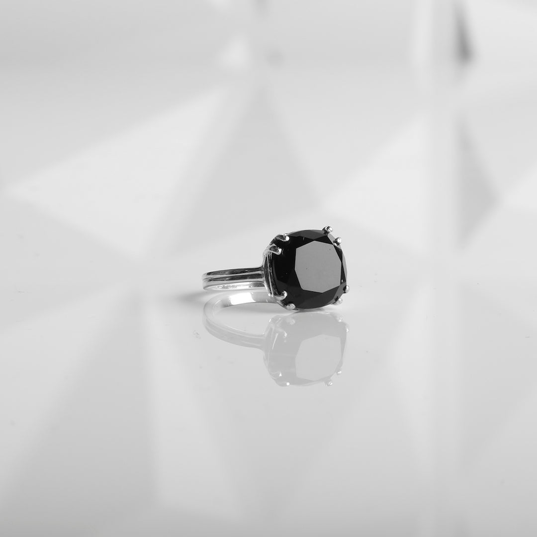 Black Onyx 12mm Cushion Cut Ring in Sterling Silver