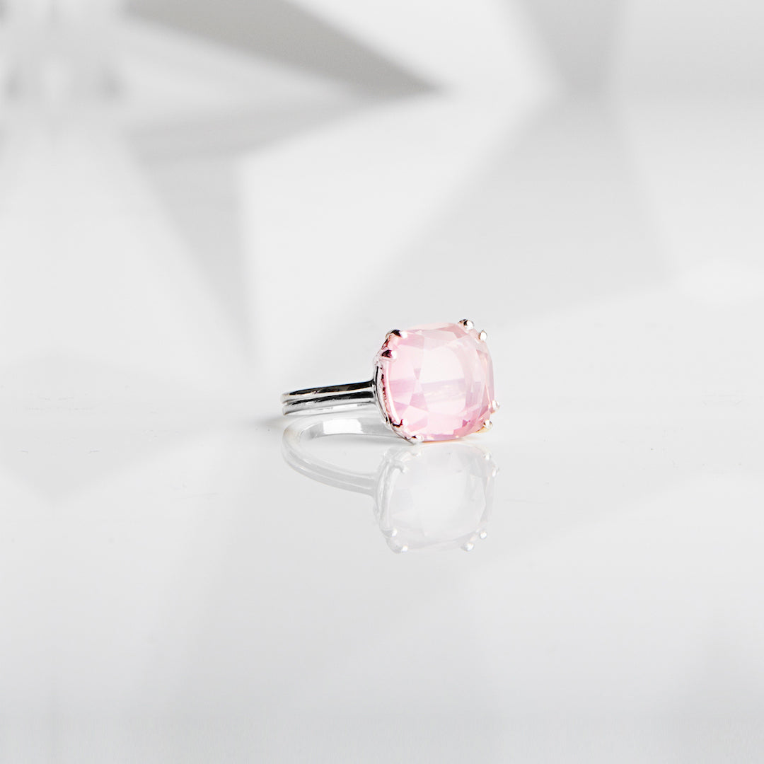 Pink Quartz 12mm Cushion Cut Ring in Sterling Silver - Darby Scott