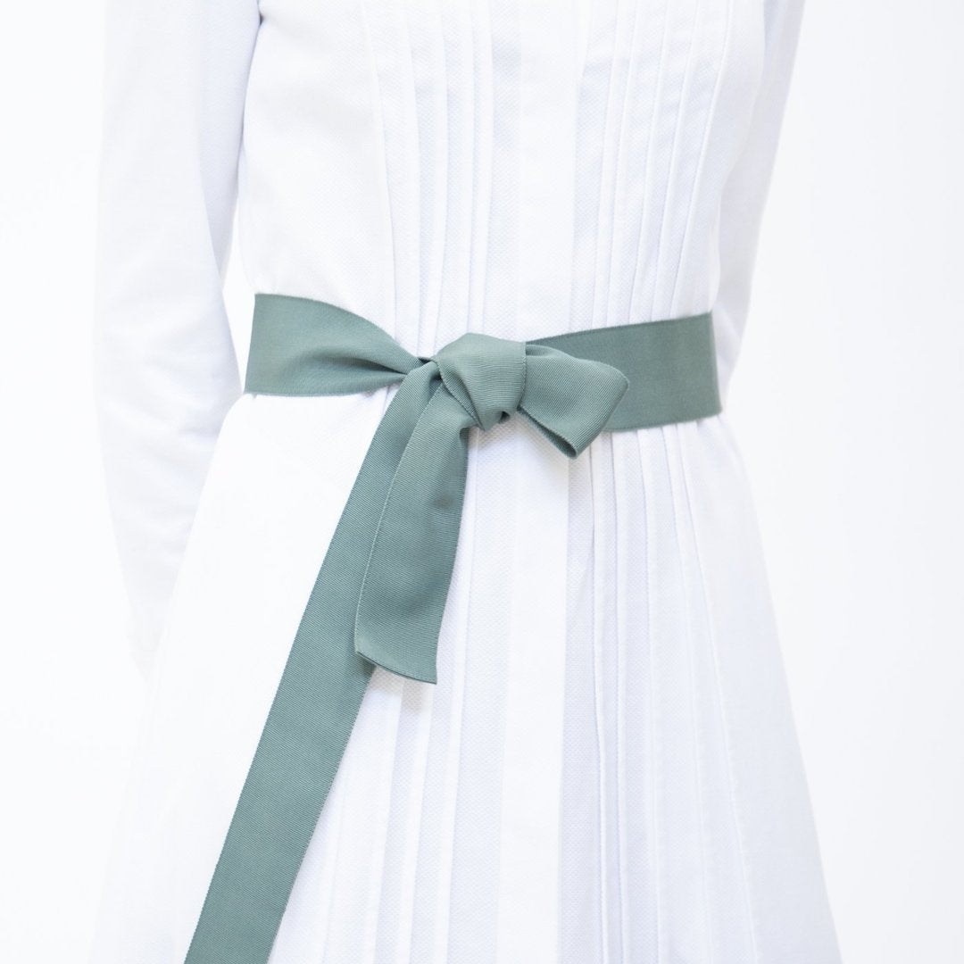 Wide Grosgrain Ribbon Belt in Sage Green on Model - Darby Scott 