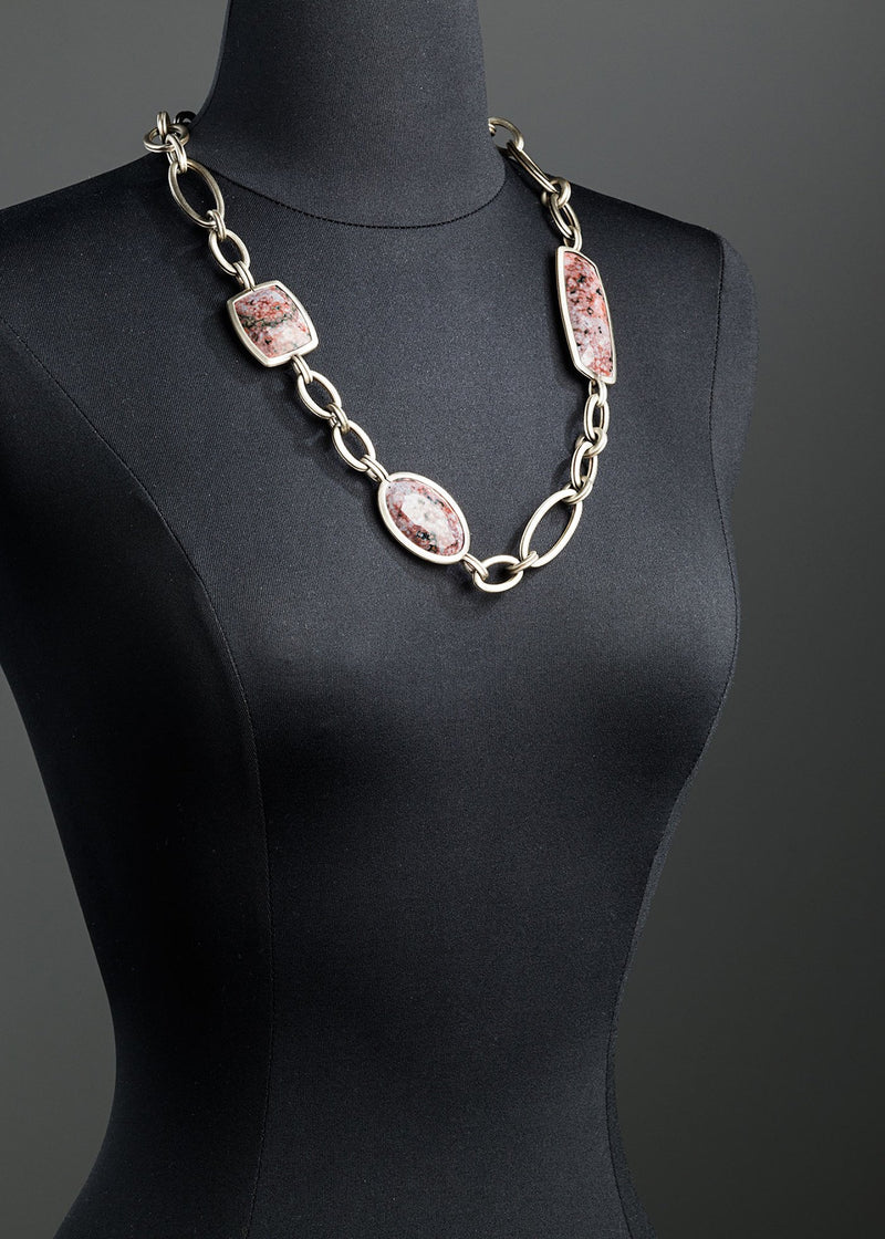 Red jasper chain link necklace white brass - Darby Scott