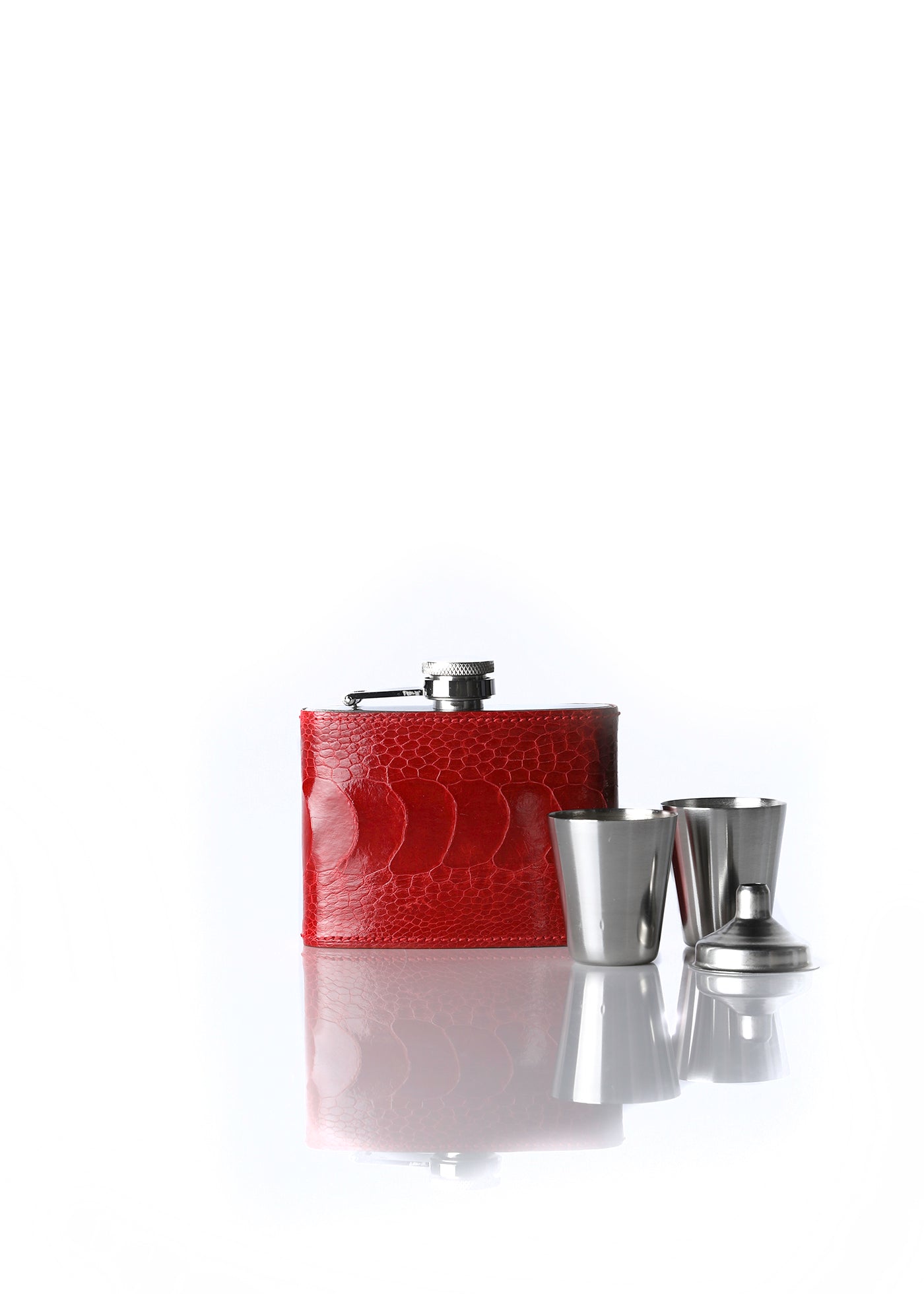 Red Ostrich Leg Covered Flask with 2 Cups and Funnel - Darby Scott