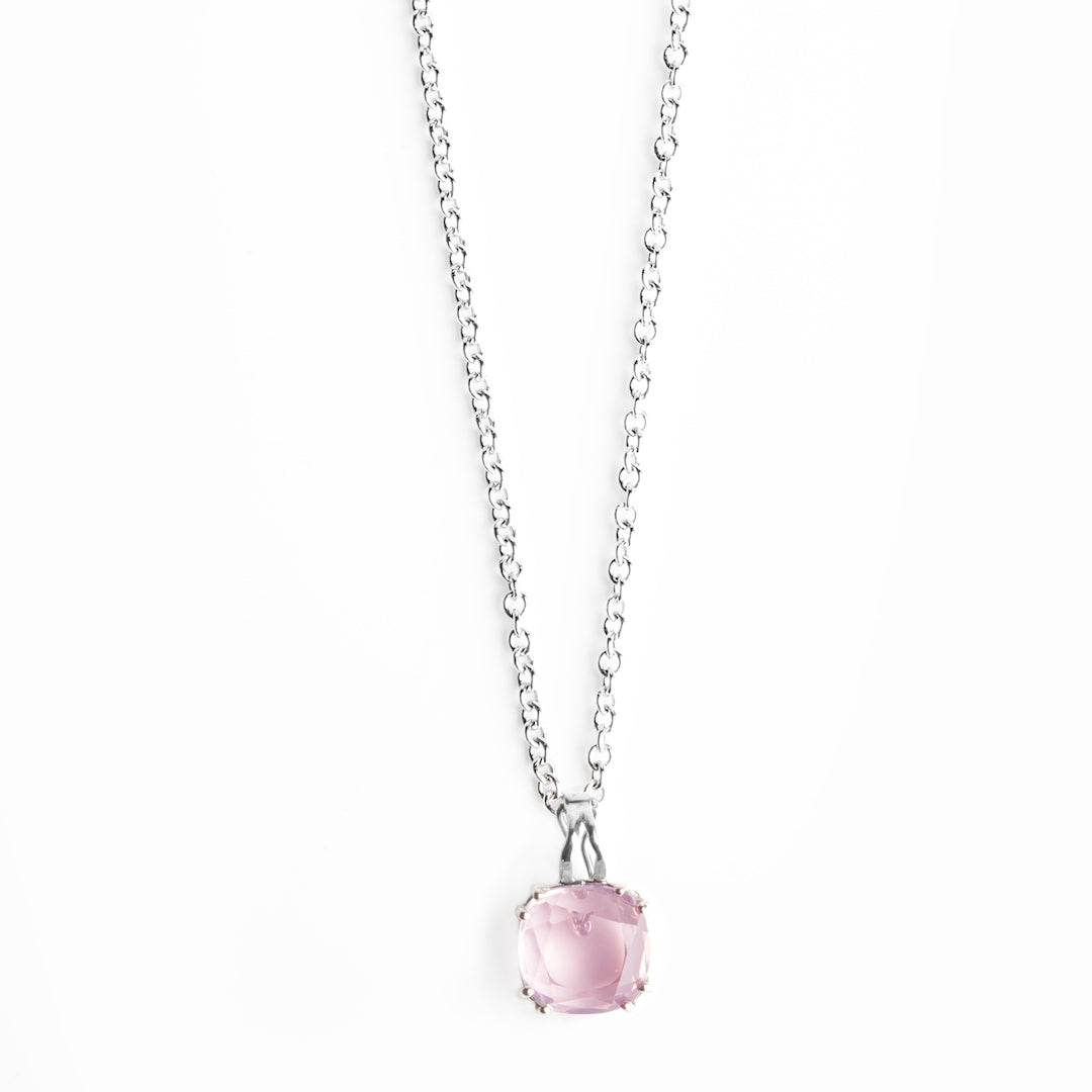 Pink Quartz 12mm Cushion Cut Pendant in Sterling Silver - Darby Scott