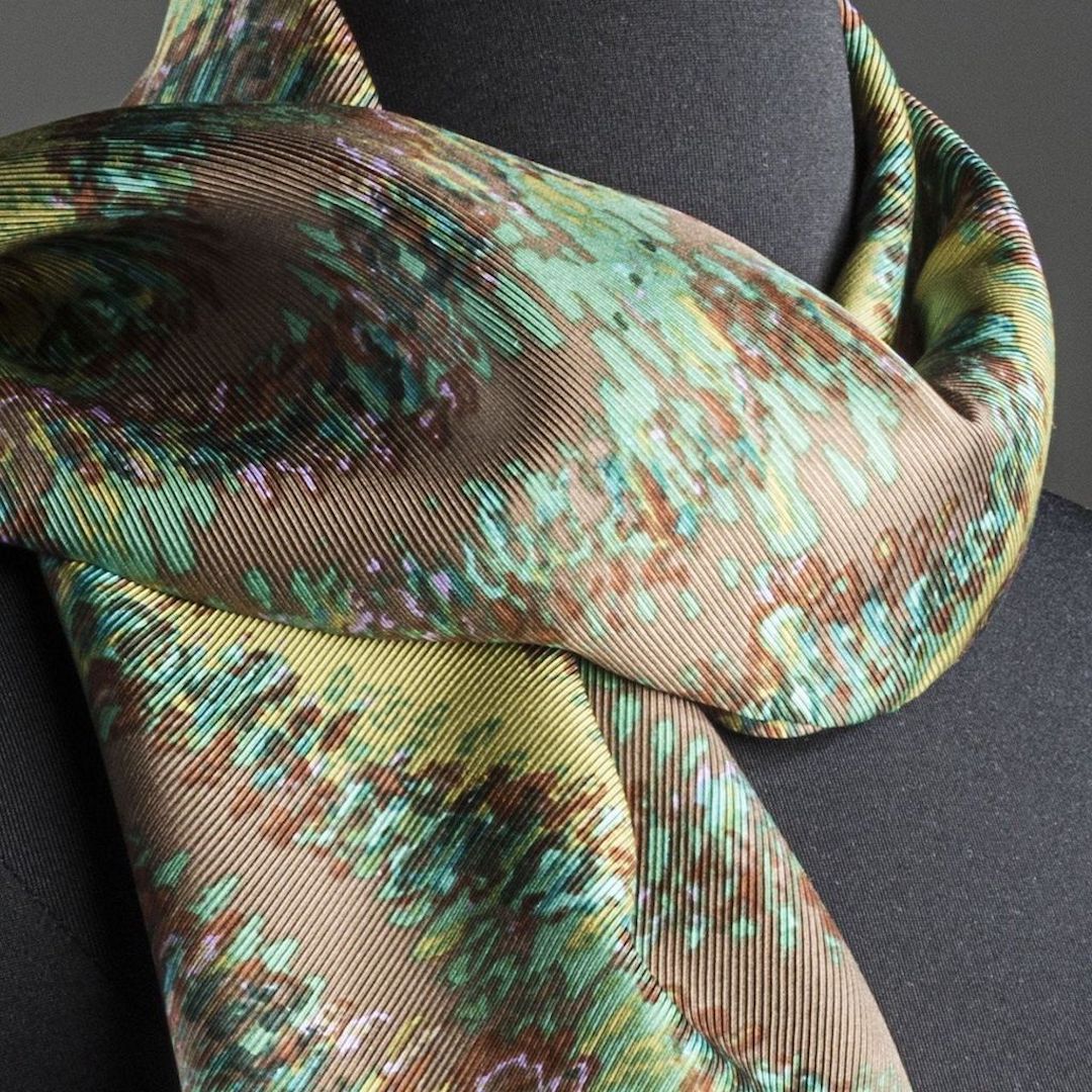 Close up of Green and Brown Bargello Inspired Scarf - Green Bargello Inspired Print Silk - Darby Scott