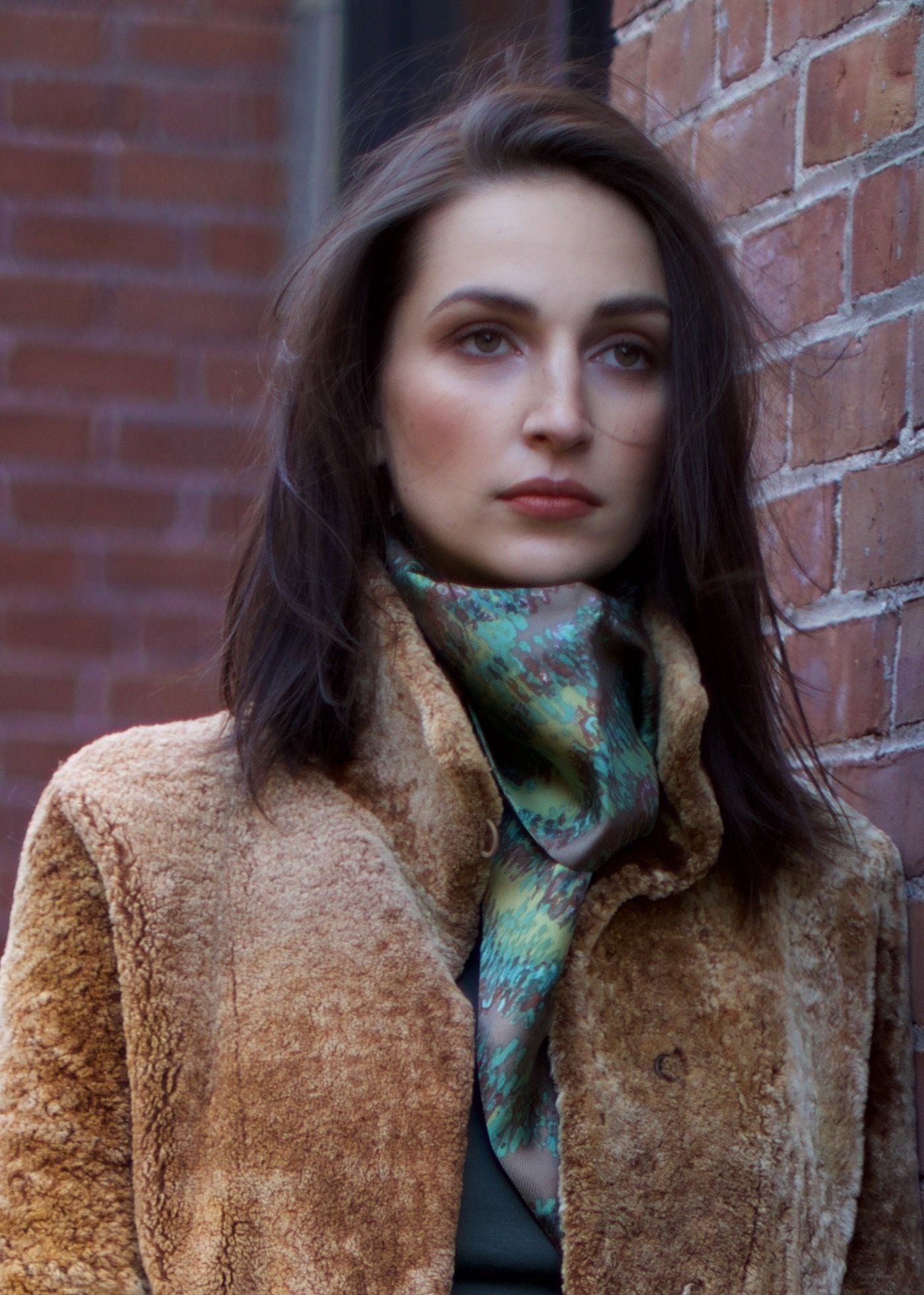 Model in Green Bargello Inspired Print Silk Scarf - Darby Scott