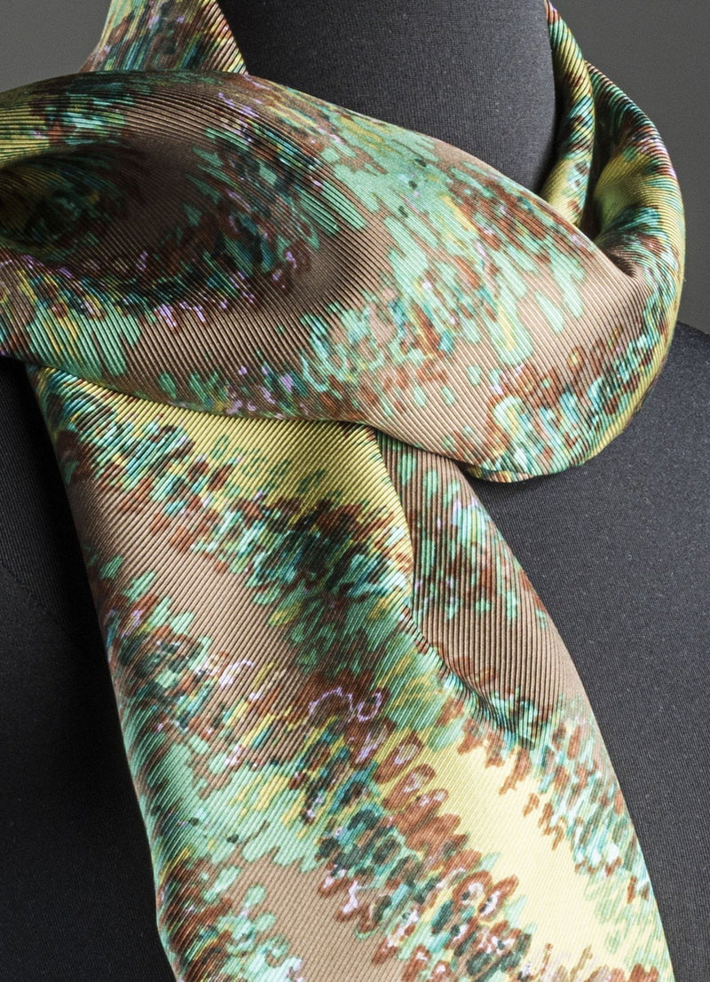 Close up of Green and Brown Bargello Inspired Scarf - Green Bargello Inspired Print Silk - Darby Scott