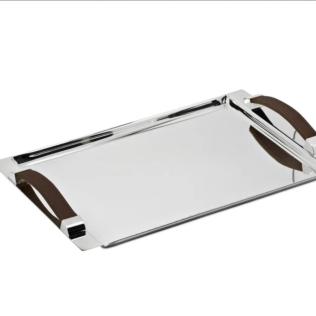 Silver-Plated Serving Tray with Faux Leather Handles