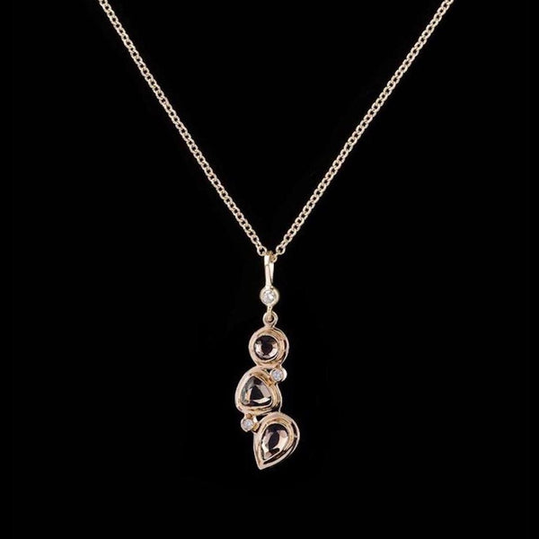 Smokey topaz diamond 14K gold necklace mosaic 3 stone - Darby Scott