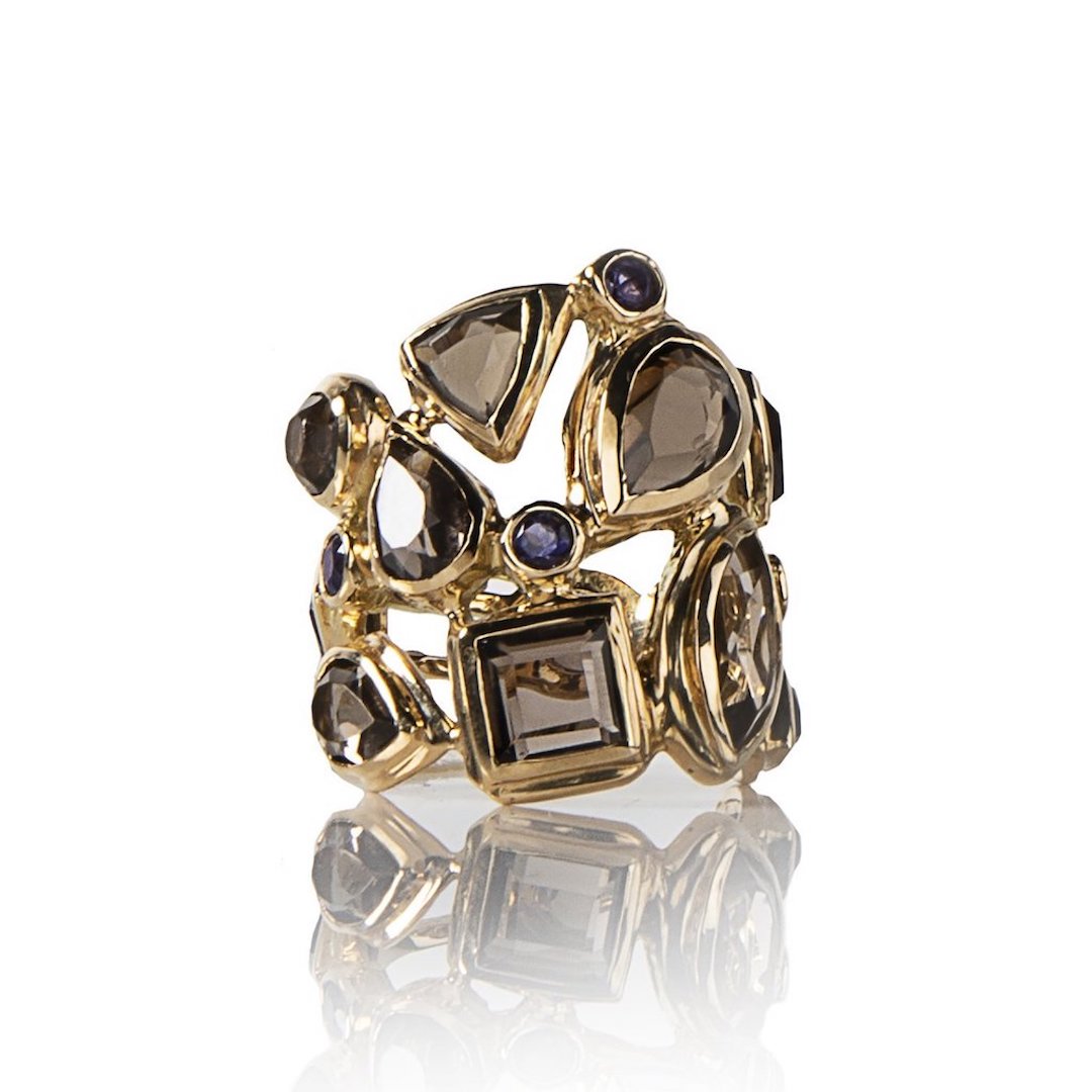 Mosaic Cocktail Ring with Smokey Topaz, Iolite Set in 18K Yellow Gold - Darby Scott