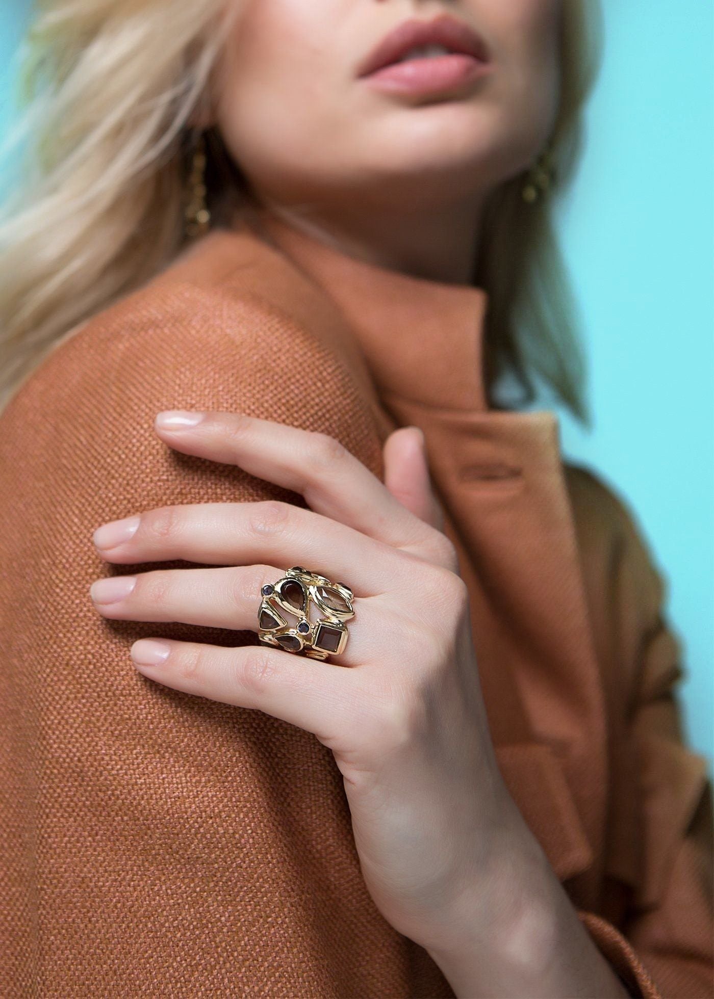 Mosaic Cocktail Ring with Smokey Topaz, Iolite Set in 18K Yellow Gold - Darby Scott