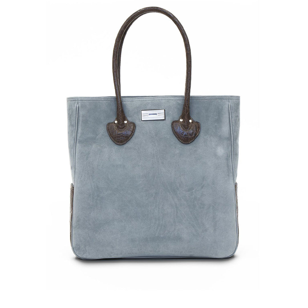 Denim Blue Suede and Brown Crocodile Essex Monogram Tote - Darby Scott