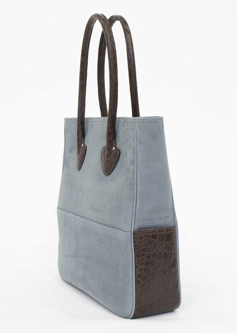 Side view of Denim Suede Essex Tote With Brown Crocodile - Darby Scott