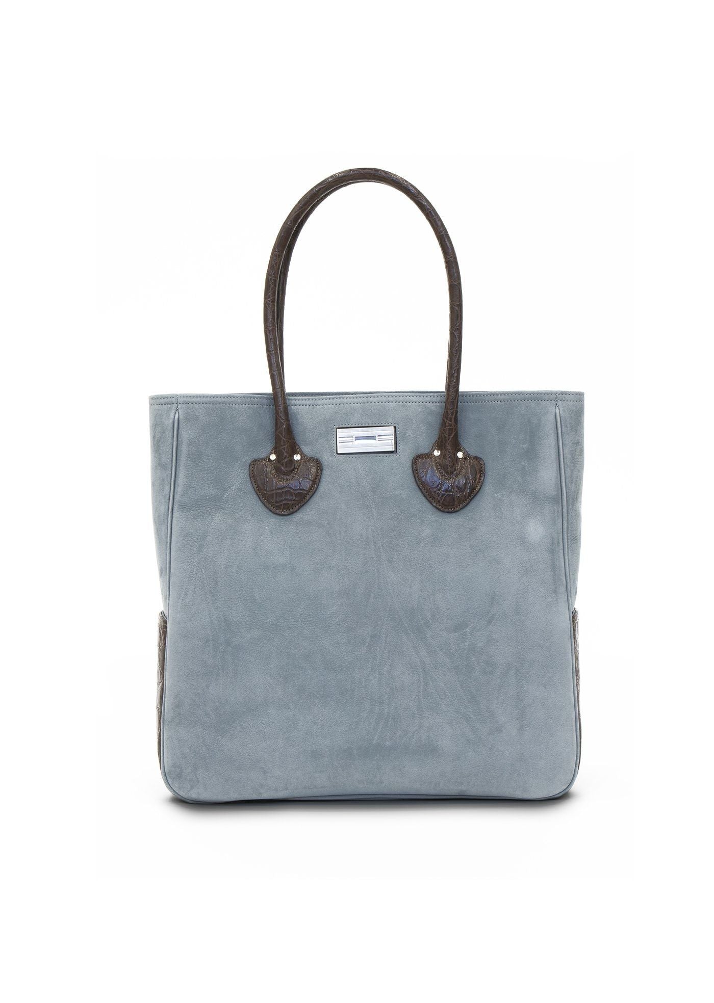 Denim Blue Suede and Brown Crocodile Essex Monogram Tote - Darby Scott