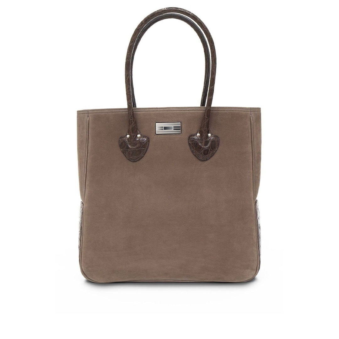 Light Brown Suede and Brown Crocodile Trim Essex Monogram Tote - Darby Scott