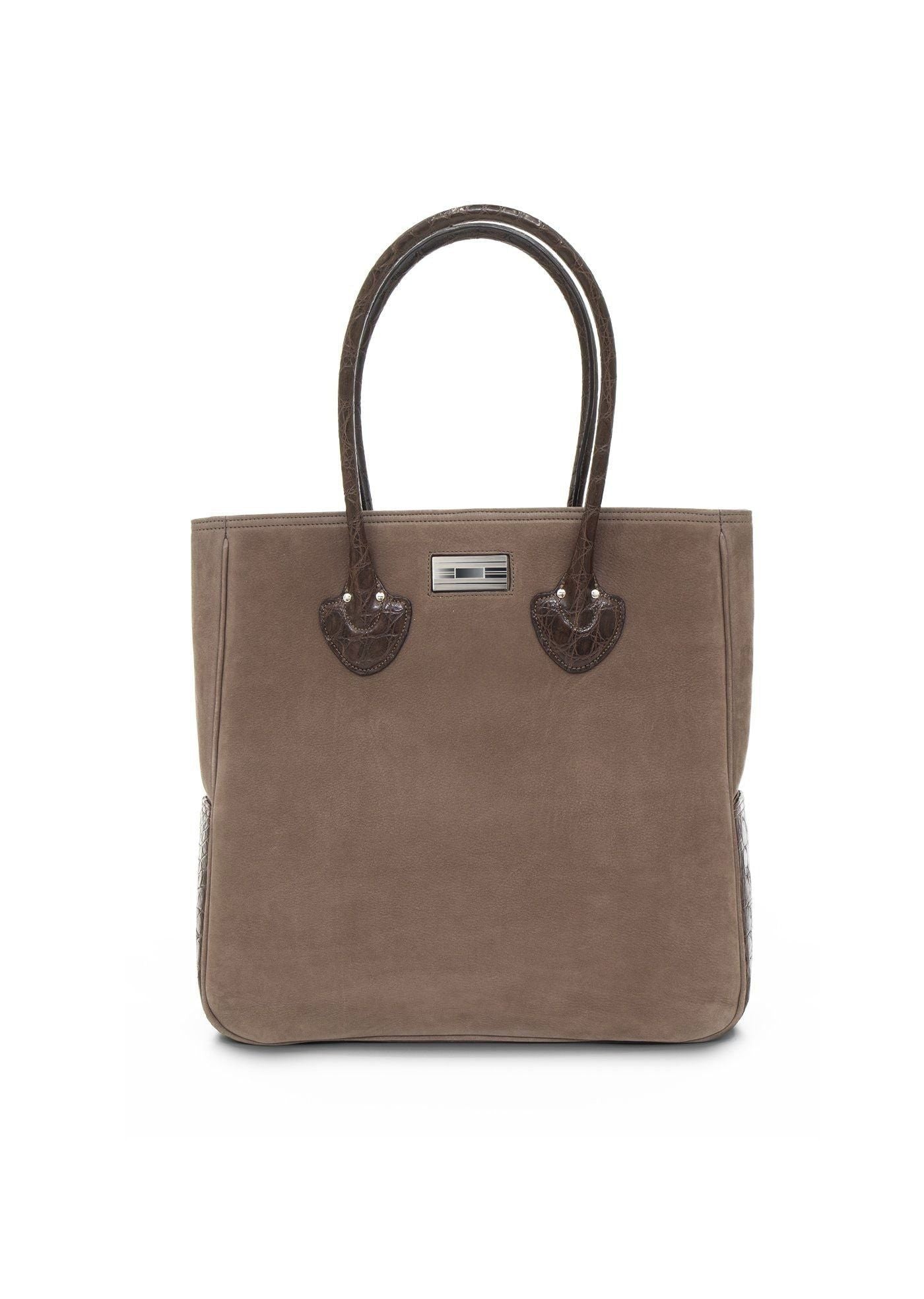 Light Brown Suede and Brown Crocodile Trim Essex Monogram Tote - Darby Scott