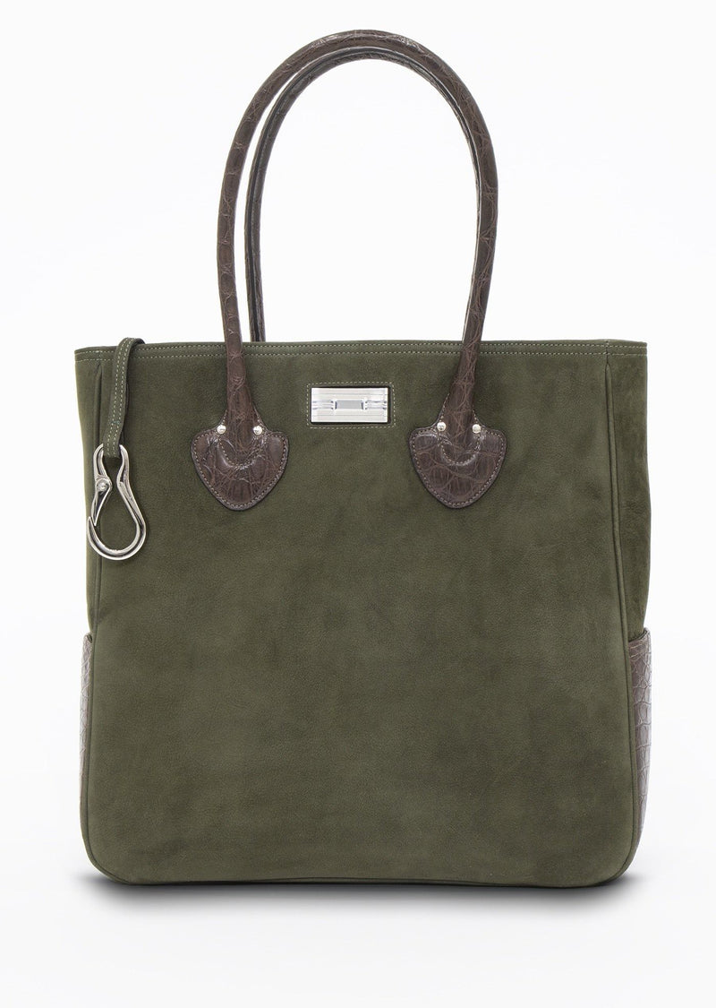 Olive Suede Essex Tote with key fob and sterling monogram plate - Darby Scott 
