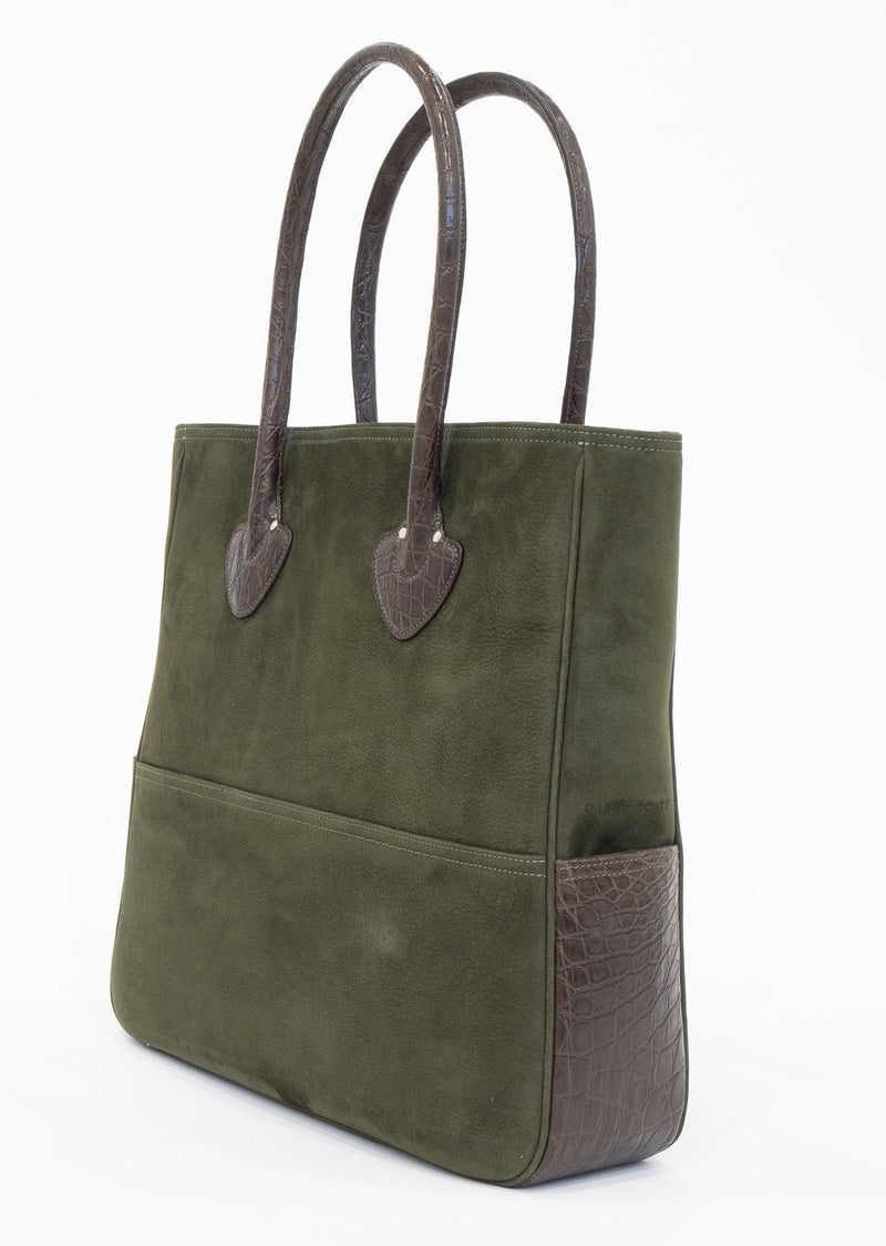 Back view of Olive Suede & Brown Crocodile Essex Tote - Darby Scott  