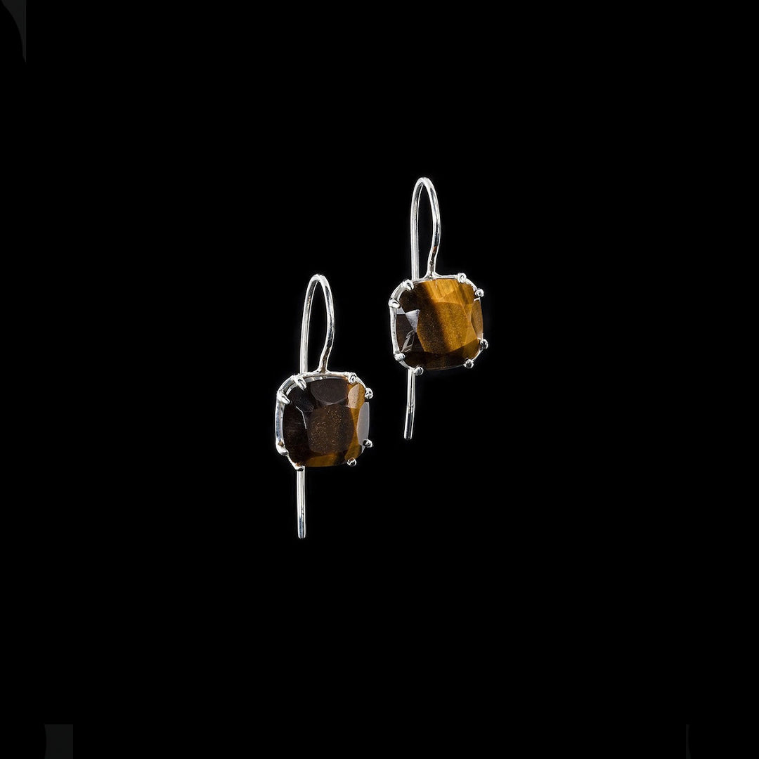 Tiger Eye 12MM Cushion Cut Sterling Silver Earrings - Darby Scott