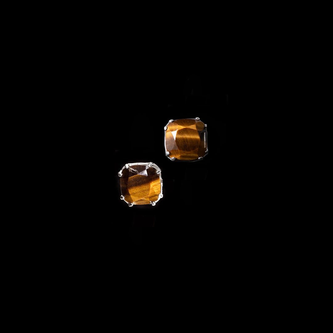 Tiger Eye 12mm Cushion Cut Post Back Earrings in Sterling Silver - Darby Scott