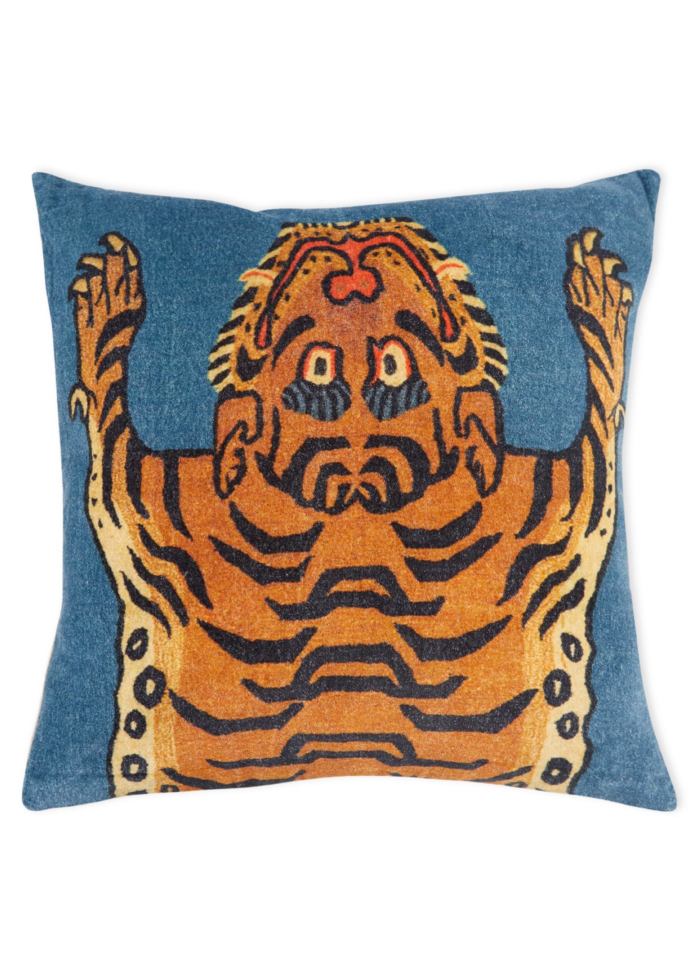 Velvet Pillow with Tibetan Tiger on Blue Background