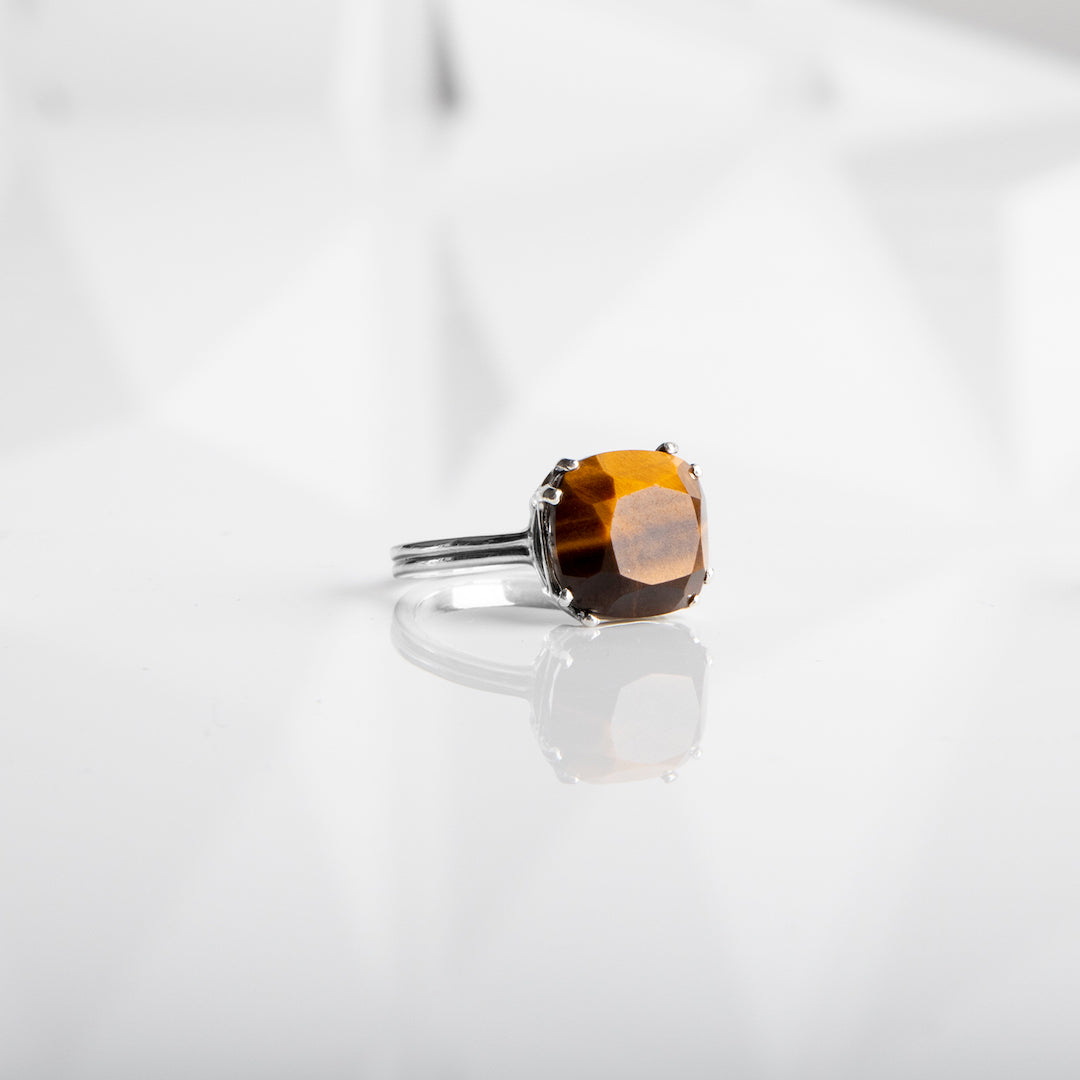 Tiger Eye 12mm Cushion Cut Ring in Sterling Silver - Darby Scott