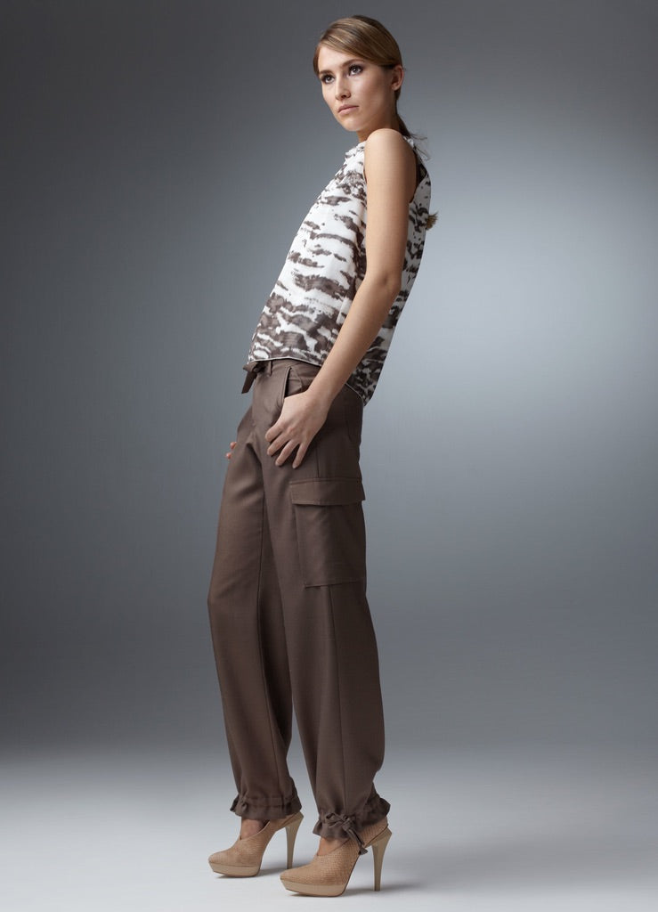 Animal Print Silk Shell with Brown Cargo Pants - Darby Scott