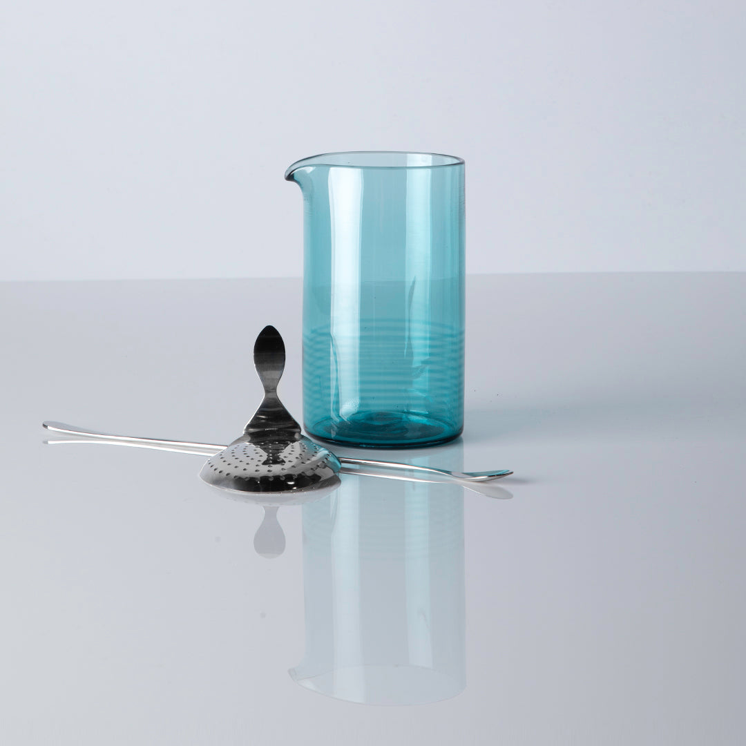 Tourmaline mixing glass with spoon and drink strainer