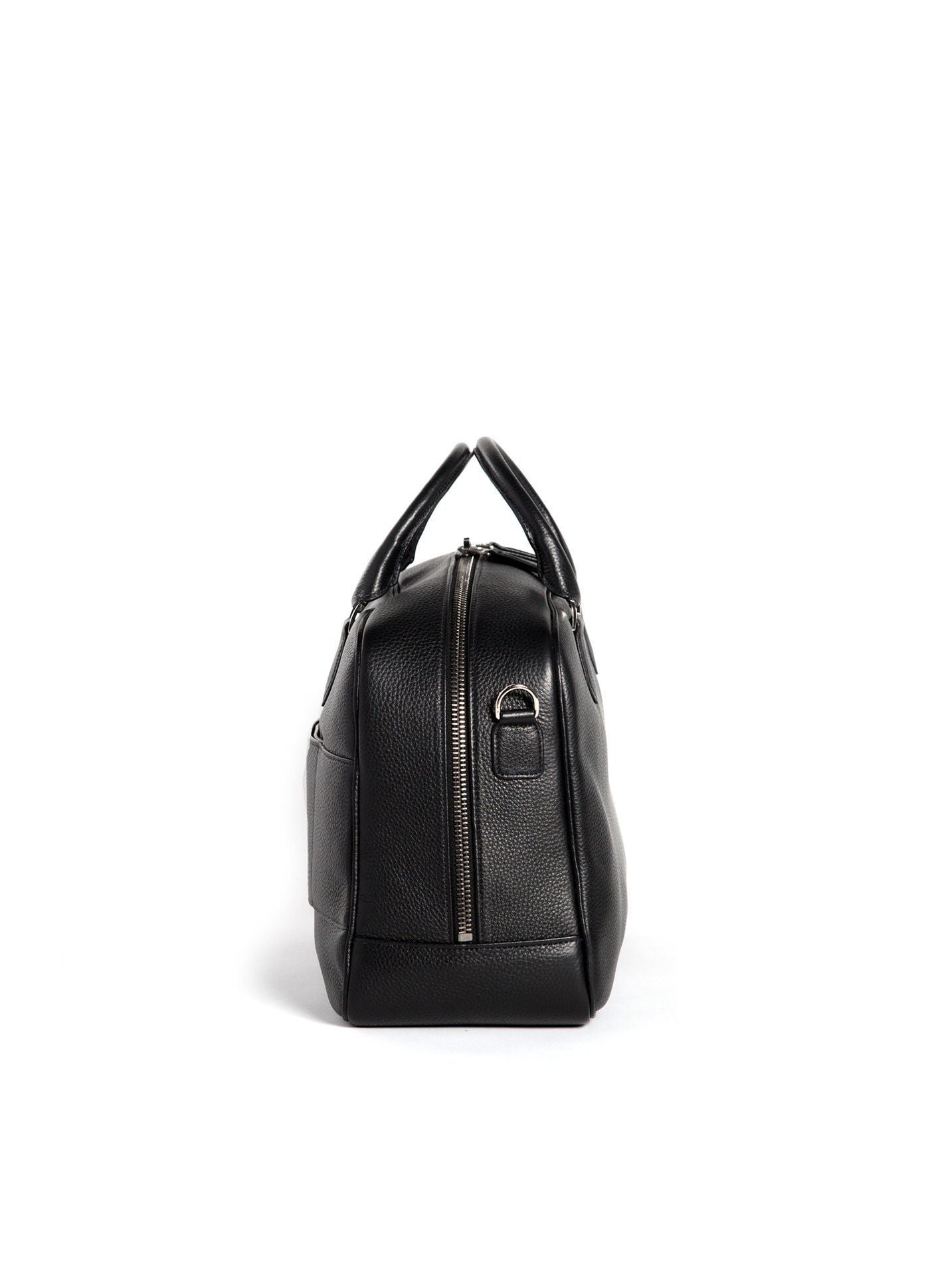 Side view of Newport Travel Satchel Bag - Black Leather Weekender - Darby Scott