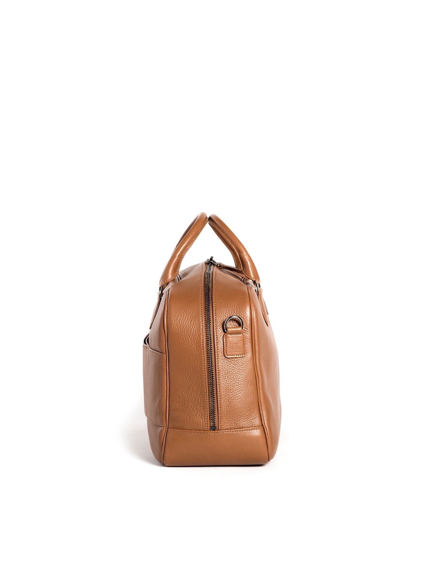 Side view of Newport Travel Satchel Bag in Cognac Leather  - Darby Scott