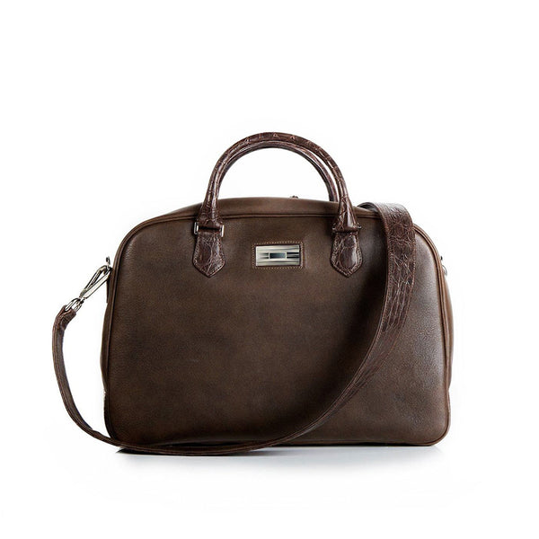 Newport Travel Satchel Bag - Brown Leather & Croc Weekender Bag- Darby Scott