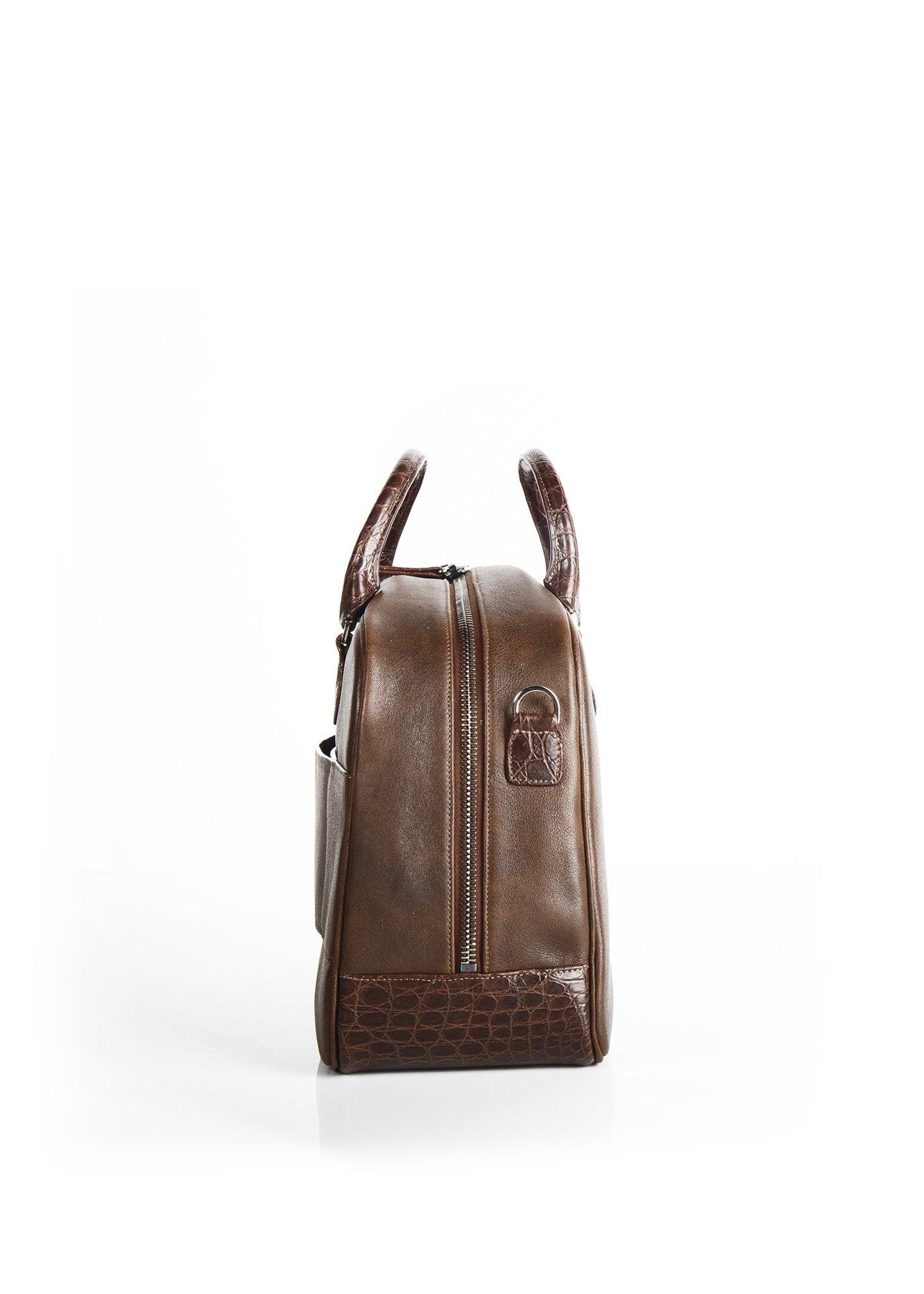 Side view Newport Travel Satchel Bag in Brown Leather & Croc - Darby Scott