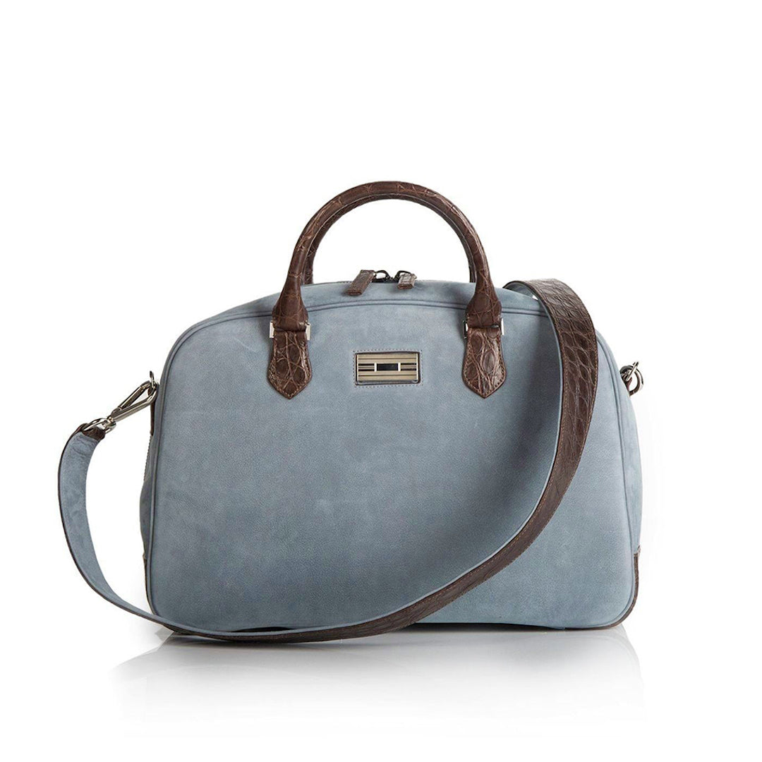 Newport Travel Satchel Bag in Denim Blue Suede with Brown Croc Trim- Darby Scott