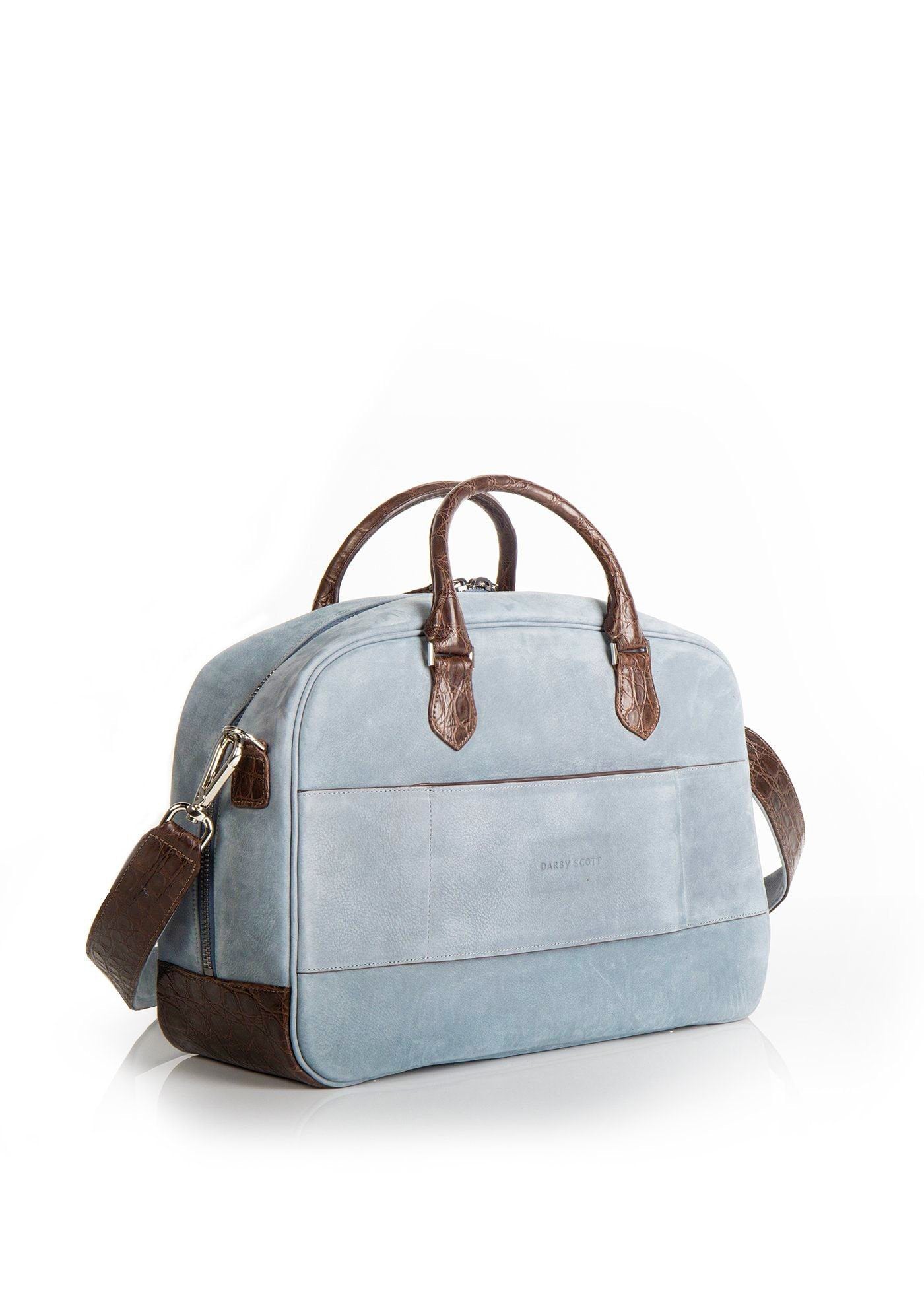 Back view of Newport Travel Satchel Bag in Denim Blue Suede with Brown Croc Trim - Darby Scott