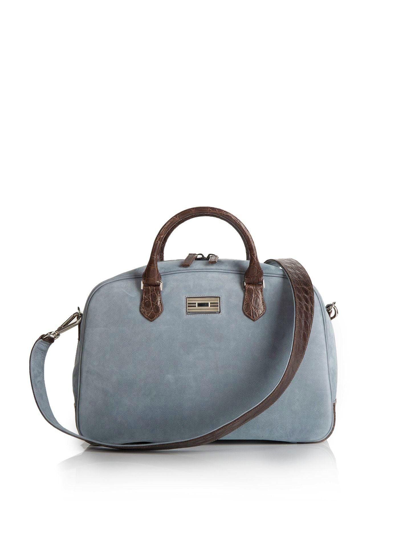 Newport Travel Satchel Bag in Denim Blue Suede with Brown Croc Trim- Darby Scott