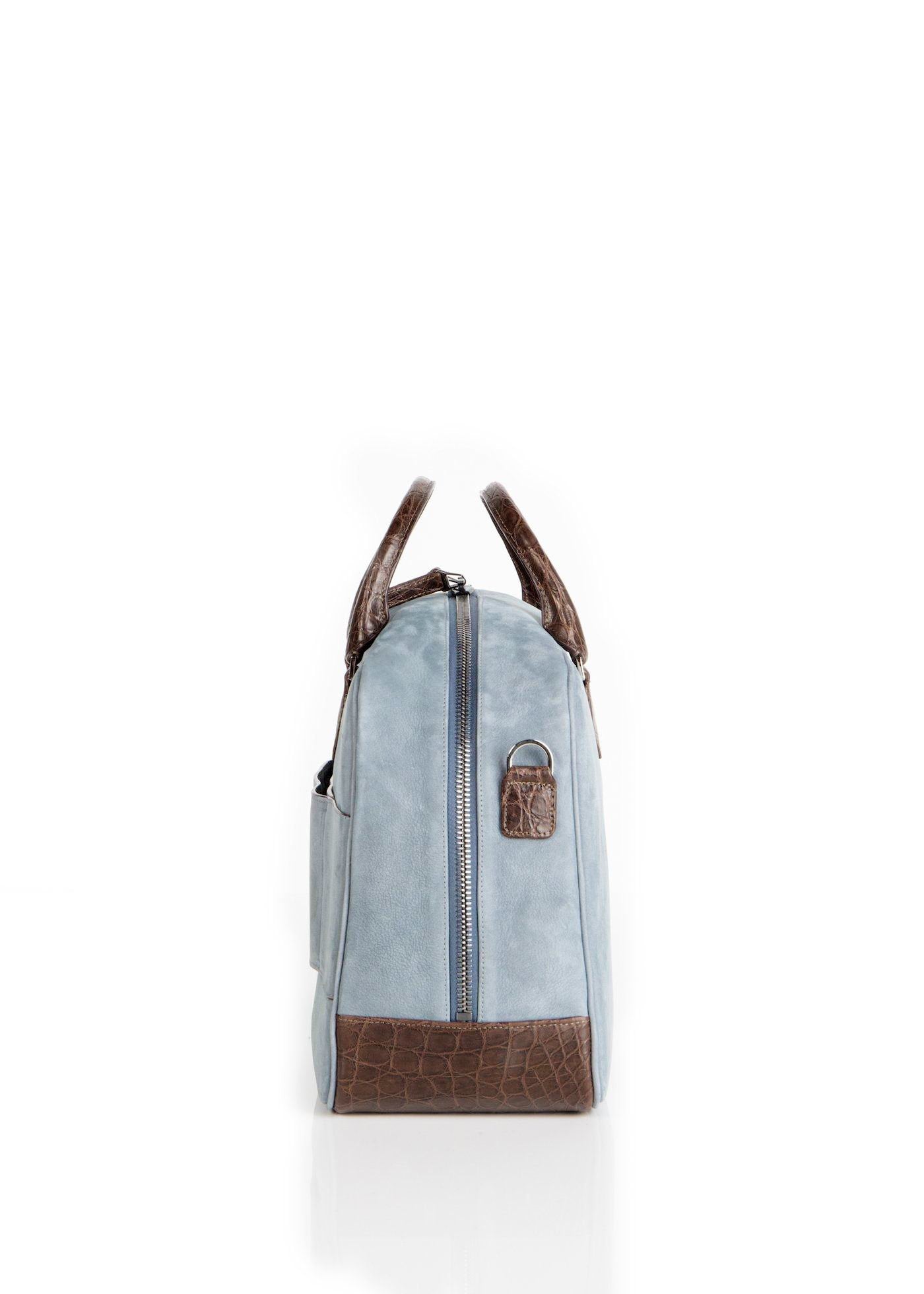 Side view of Newport Travel Satchel Bag in Denim Blue Suede with Brown Croc Trim - Darby Scott