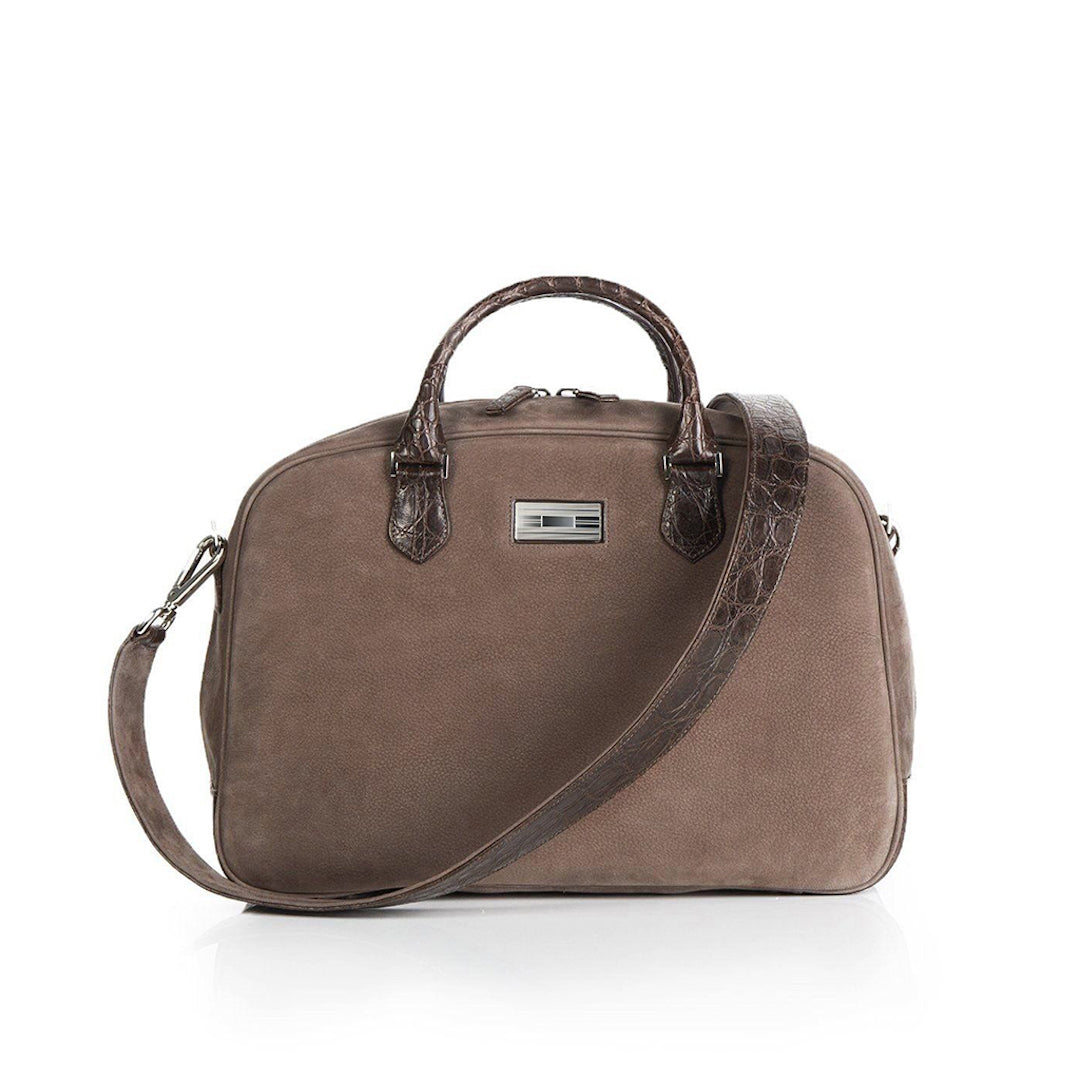 Light Brown Suede & Crocodile Monogram Newport Getaway Bag - Darby Scott