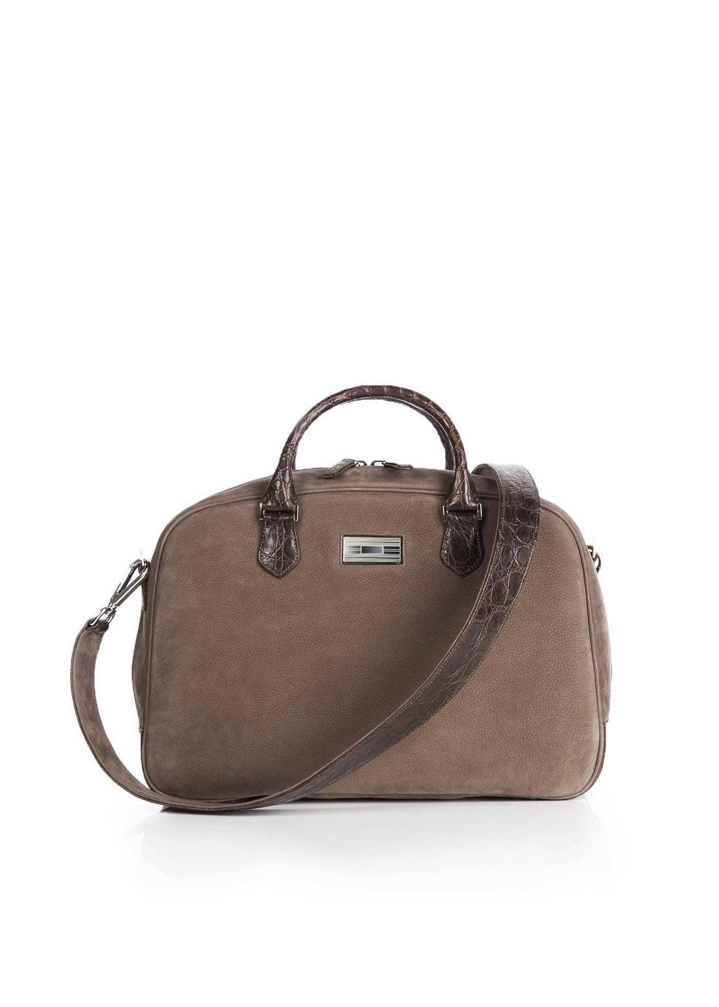 Light Brown Suede & Crocodile Monogram Newport Getaway Bag - Darby Scott