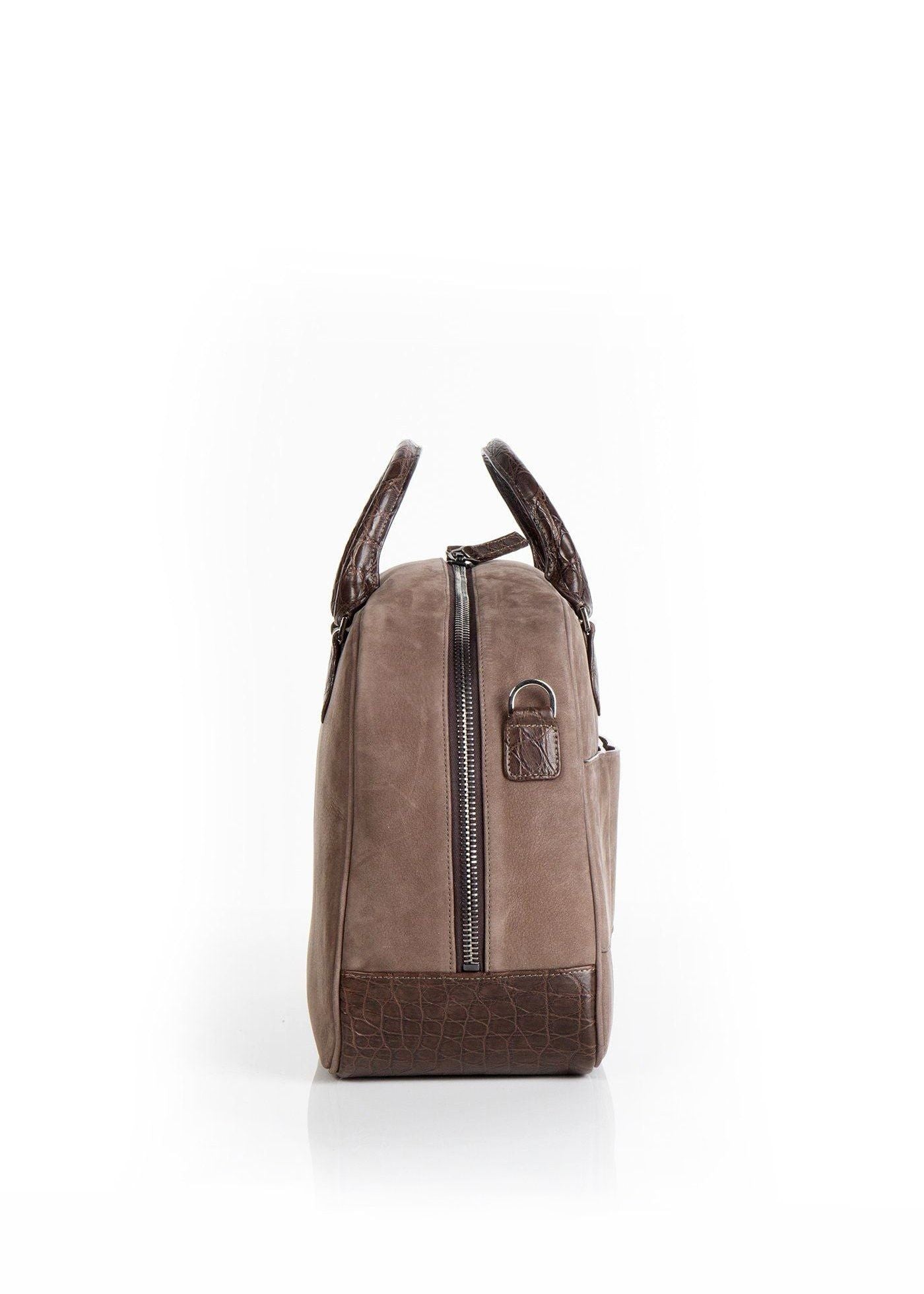 Side view of Newport Getaway Bag in Light Brown Suede - Darby Scott