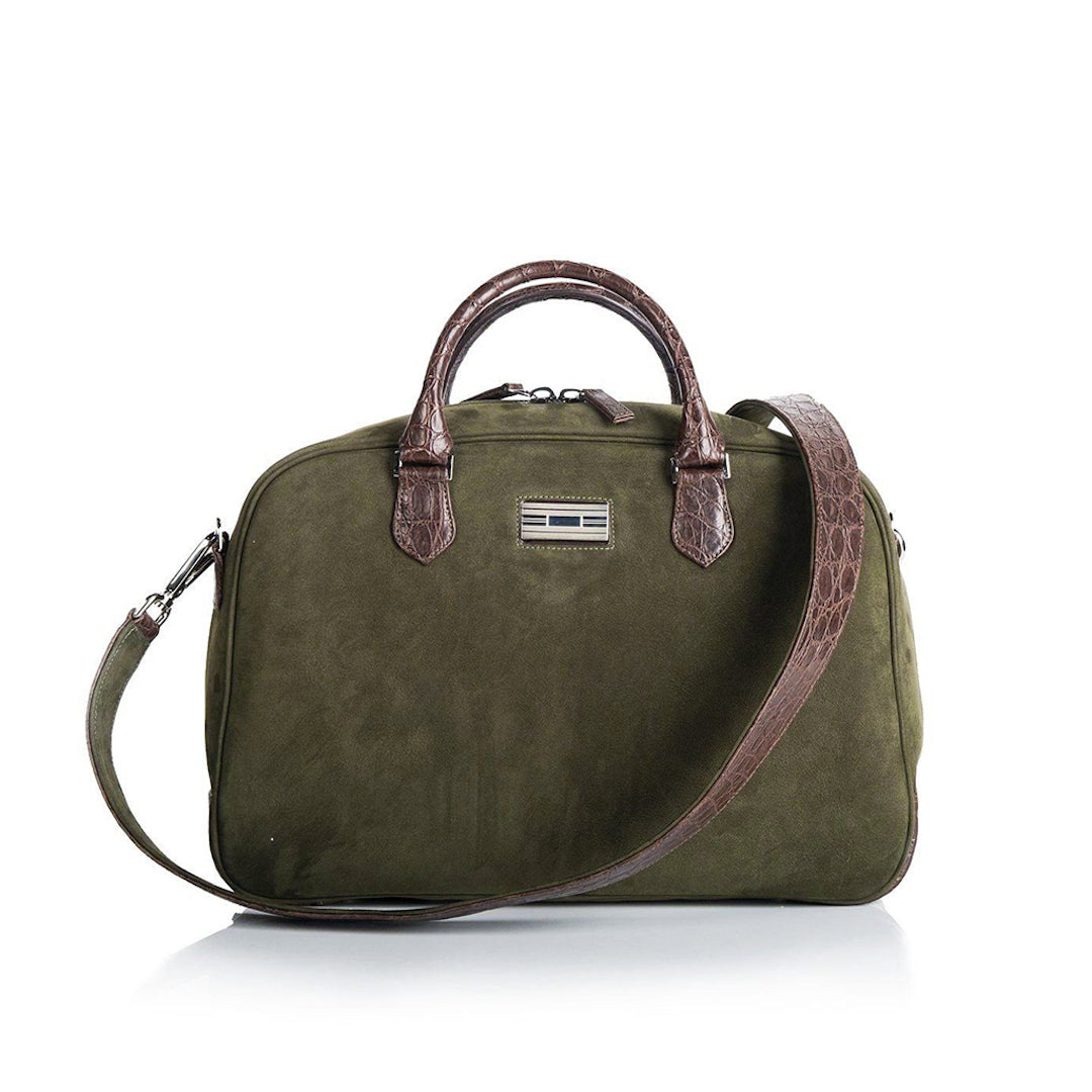 Olive Suede & Brown Crocodile Monogram Newport Getaway Bag - Darby Scott