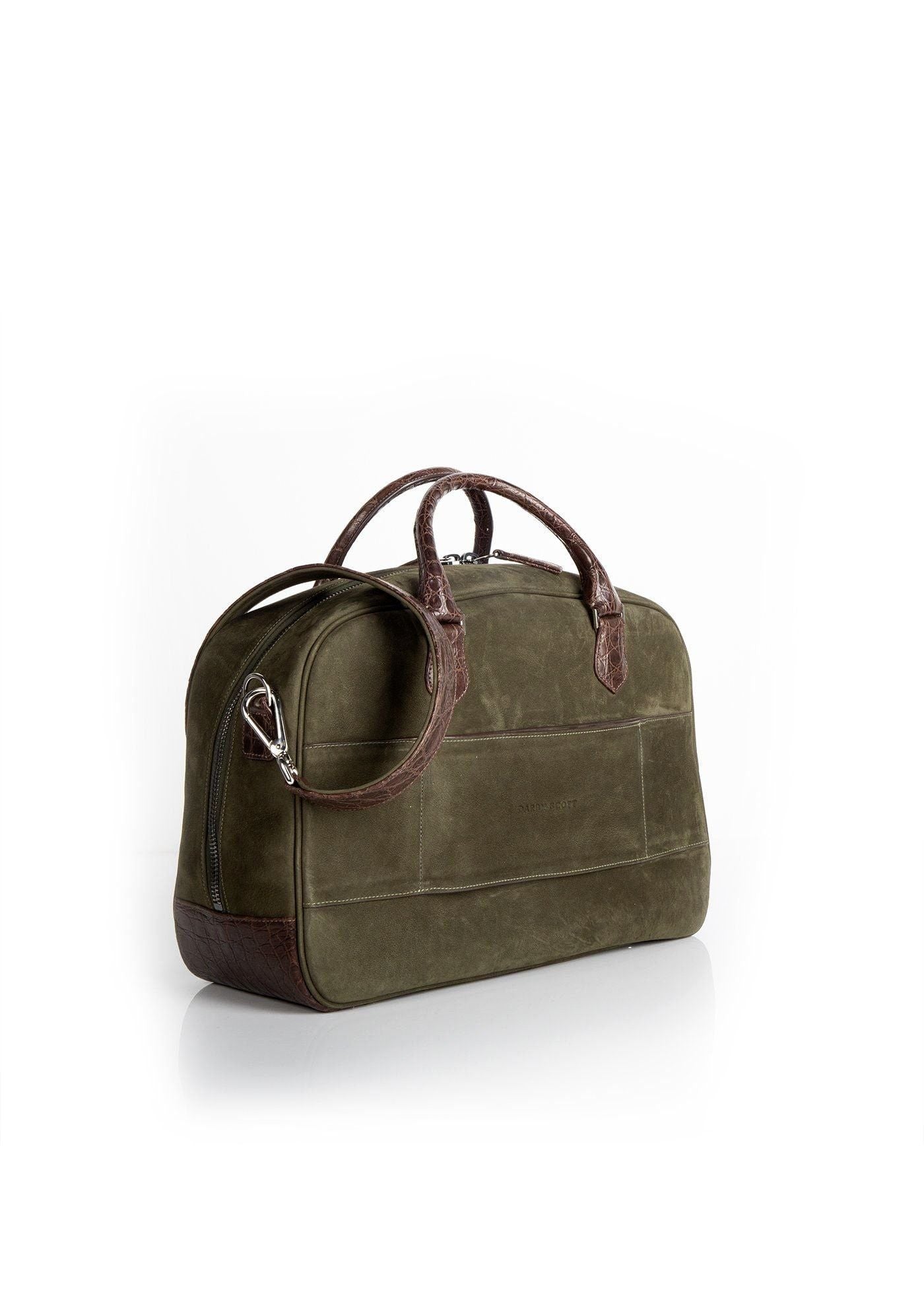 Back view Olive Suede & Brown Crocodile Newport Getaway Bag - Darby Scott