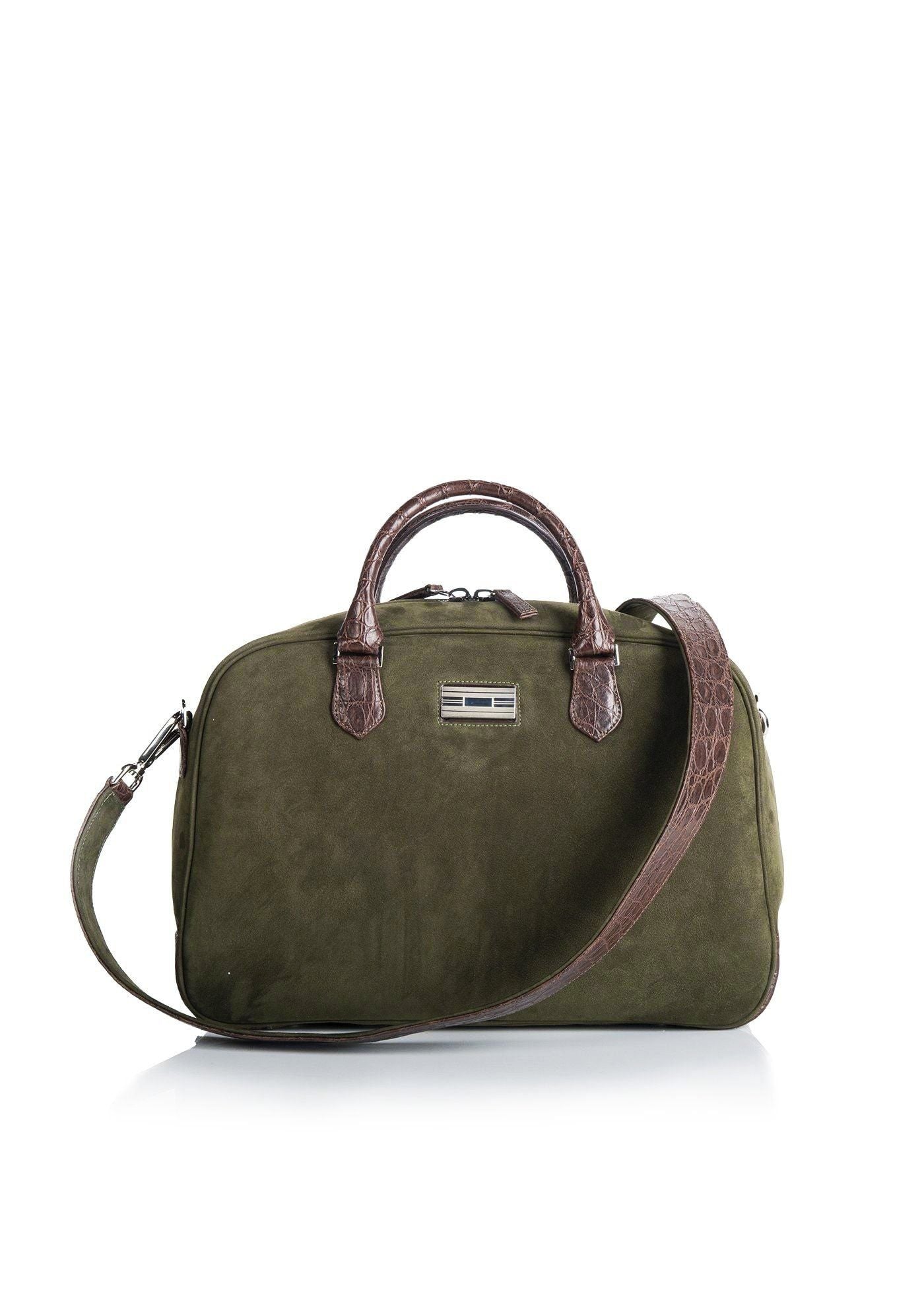 Olive Suede & Brown Crocodile Monogram Newport Getaway Bag - Darby Scott