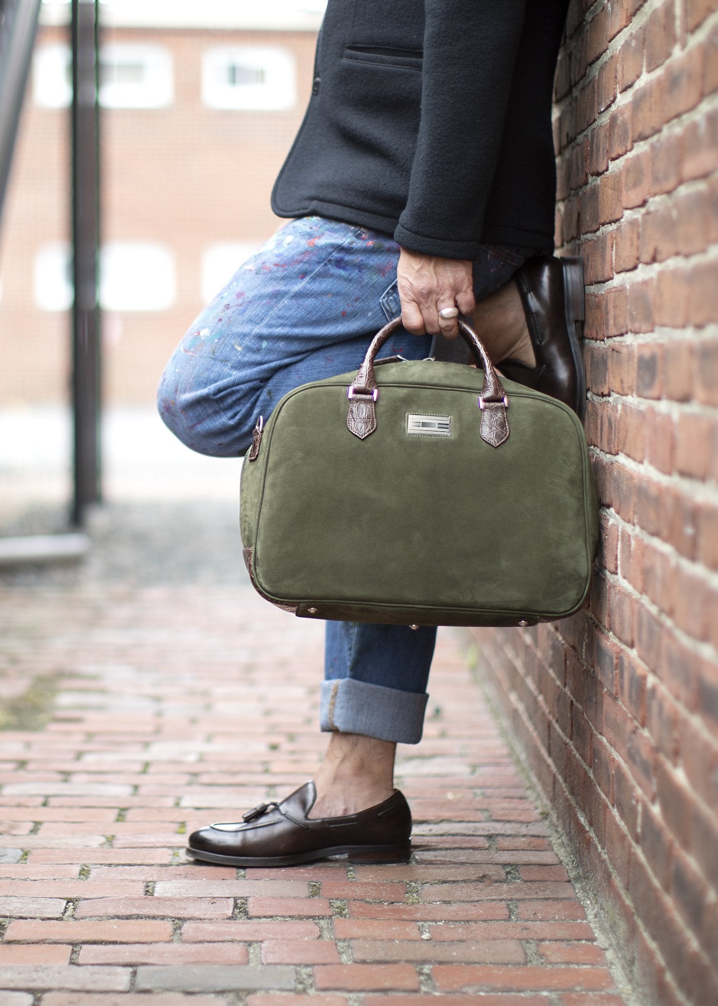 Olive Suede with Brown Crocodile Trim Newport Monogram Bag - Darby Scott