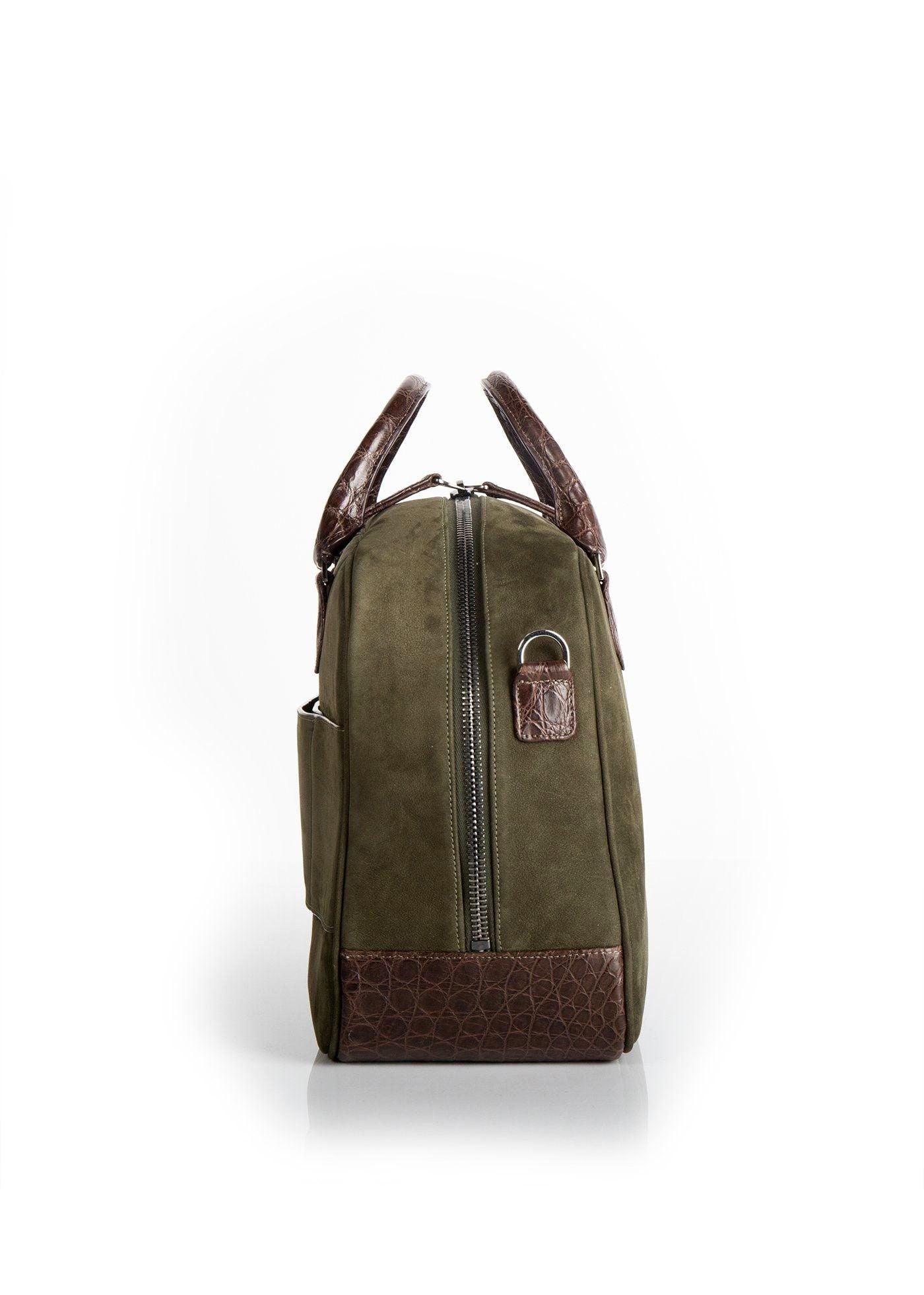 Side view Olive Suede & Brown Crocodile Newport Getaway Bag - Darby Scott