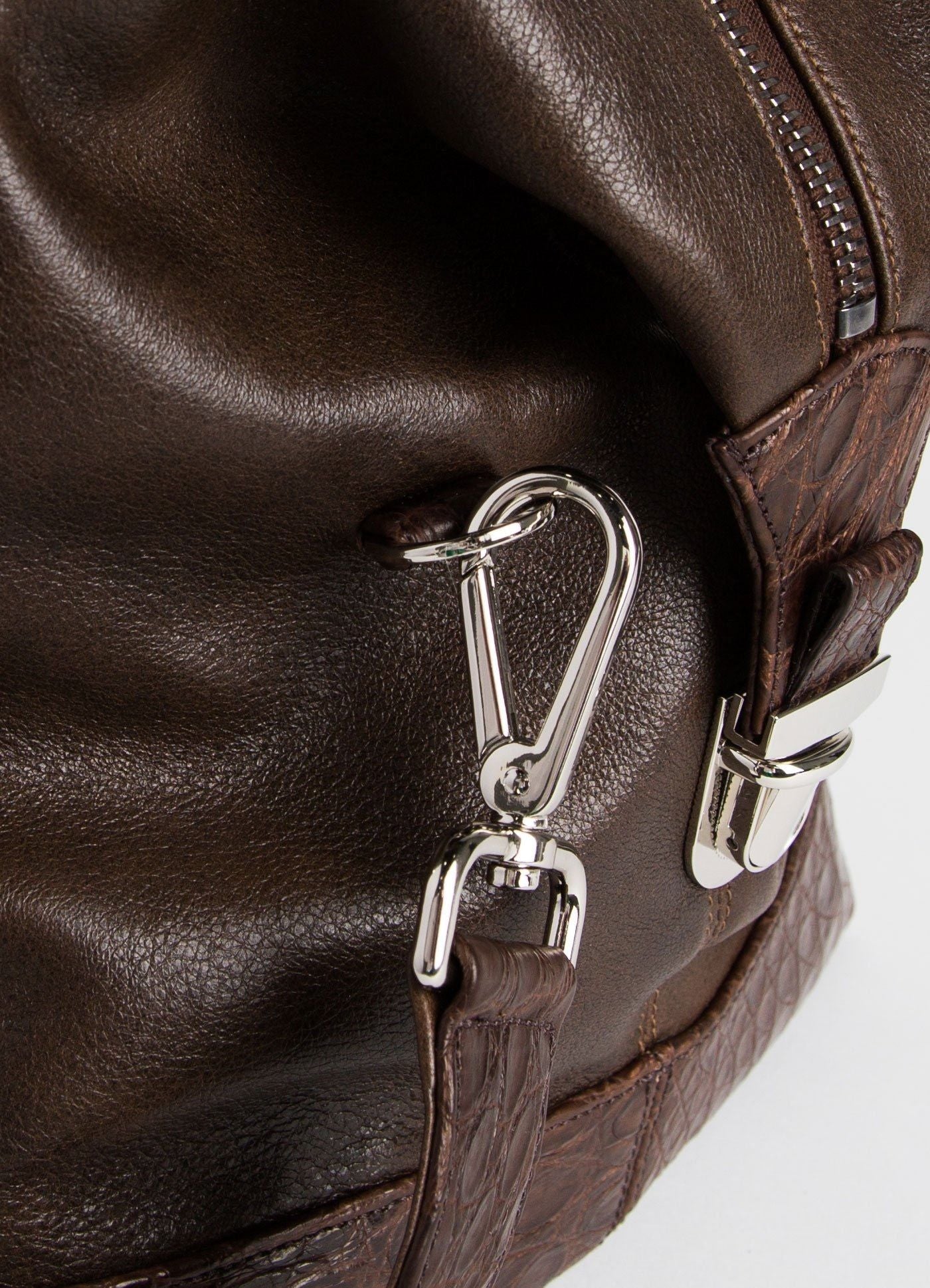 Strap Link Detail on Brown Aspen Travel Bag With Crocodile Trim- Darby Scott