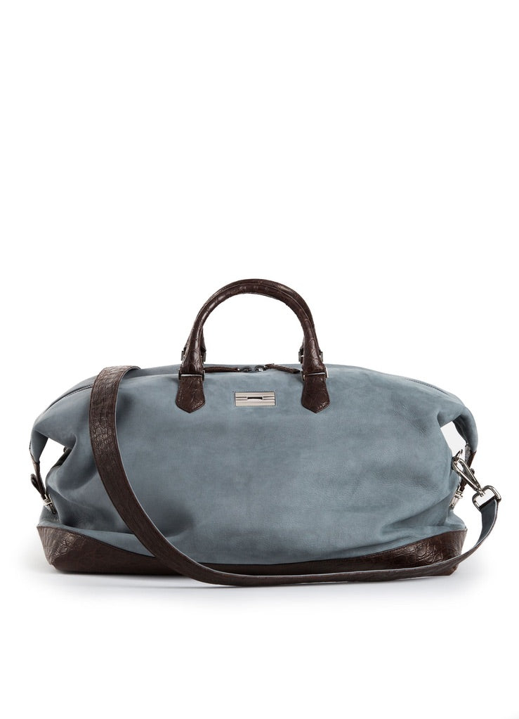 Denim Blue Suede Aspen Travel Bag with Brown Crocodile Trim and Strap - Darby Scott