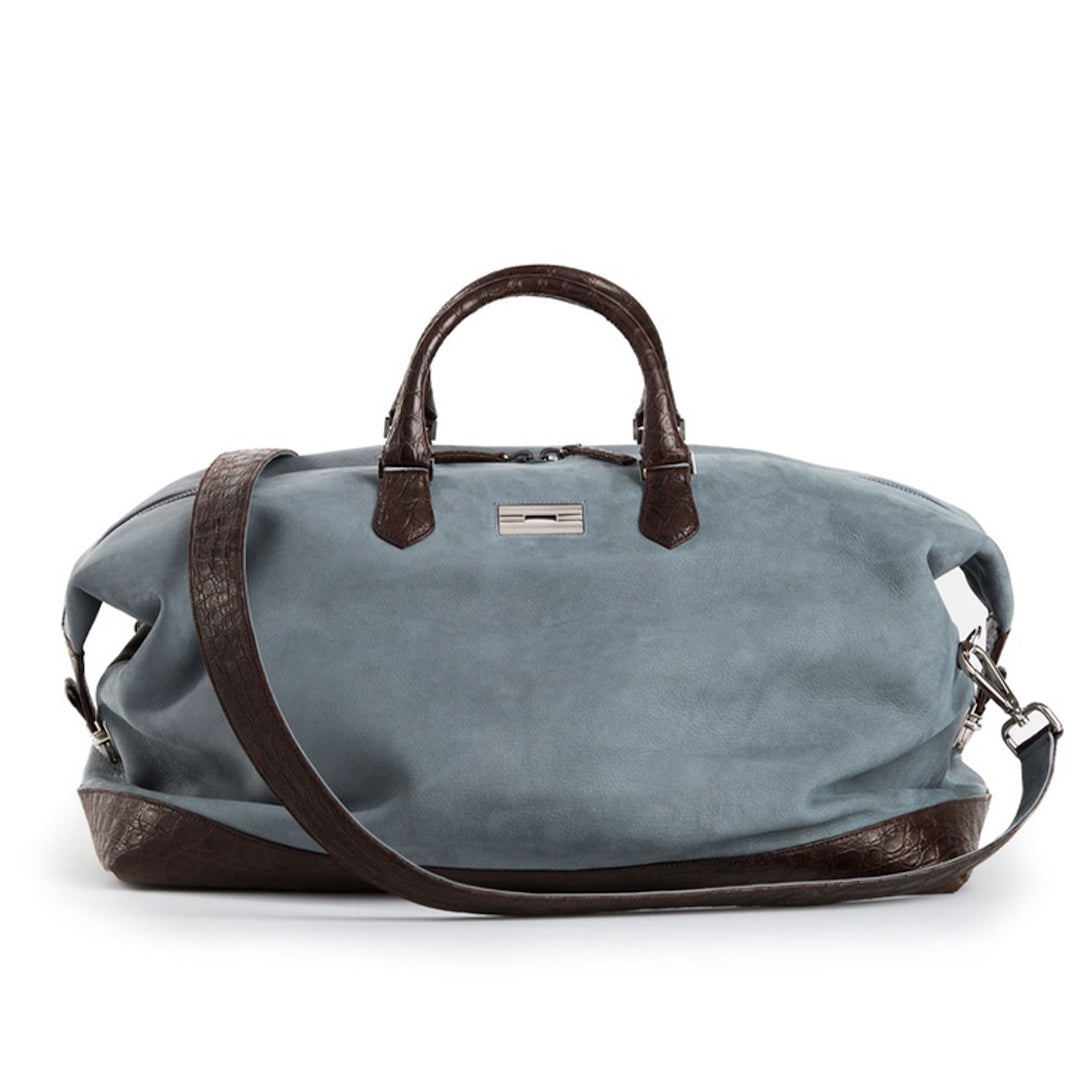 Denim Blue Suede Aspen Travel Bag with Brown Crocodile Trim and Strap - Darby Scott