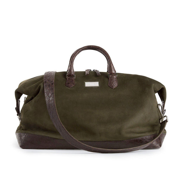Aspen Travel Bag Olive Sueded Leather & Brown Crocodile Strap & Trim -  Darby Scott