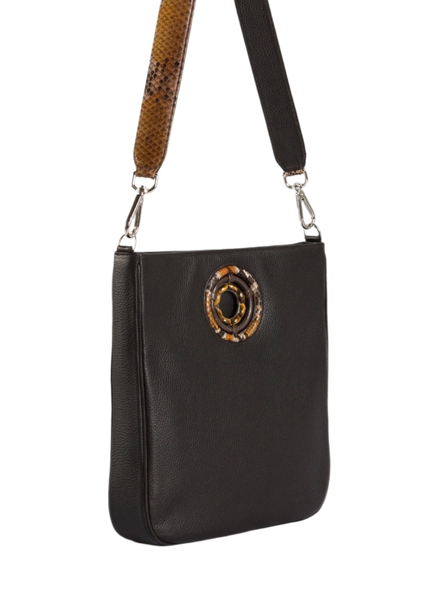 side view of chocolate leather Cloe Cross Body Tote- Darby Scott